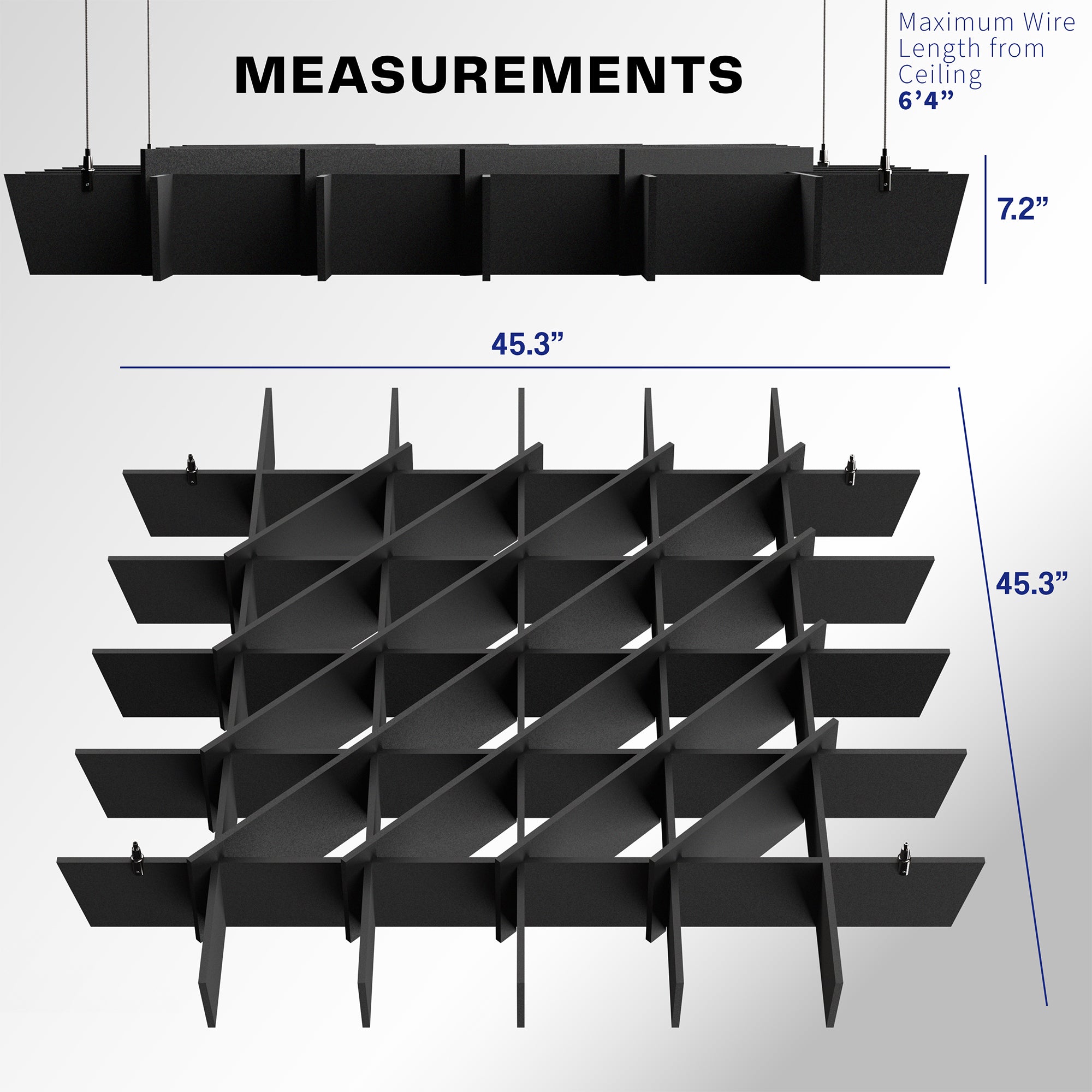 A black acoustic dual-layer ceiling waffle panel with a geometric pattern with text on measurements.