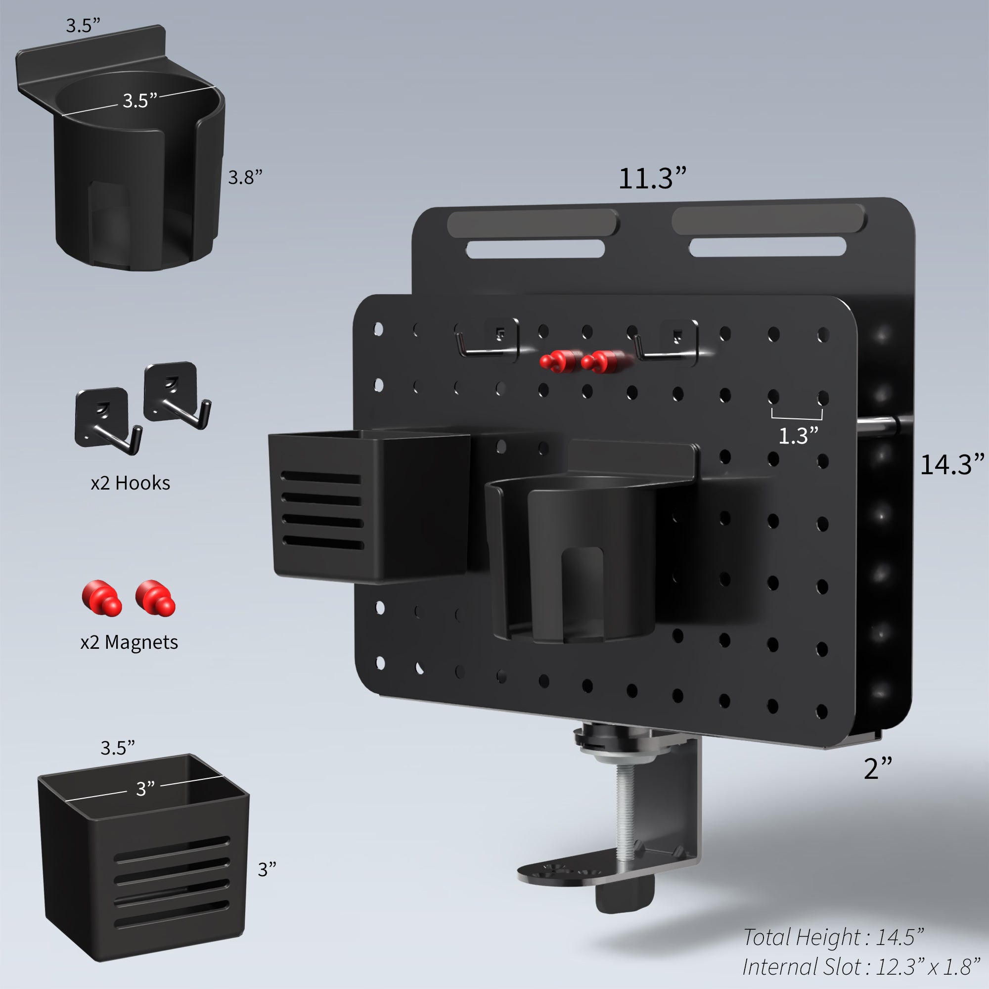 Clamp-on 360-degree rotating pegboard panel with laptop holder for storage and privacy with accessories included. Featuring flexible placement and an easy assembly process.