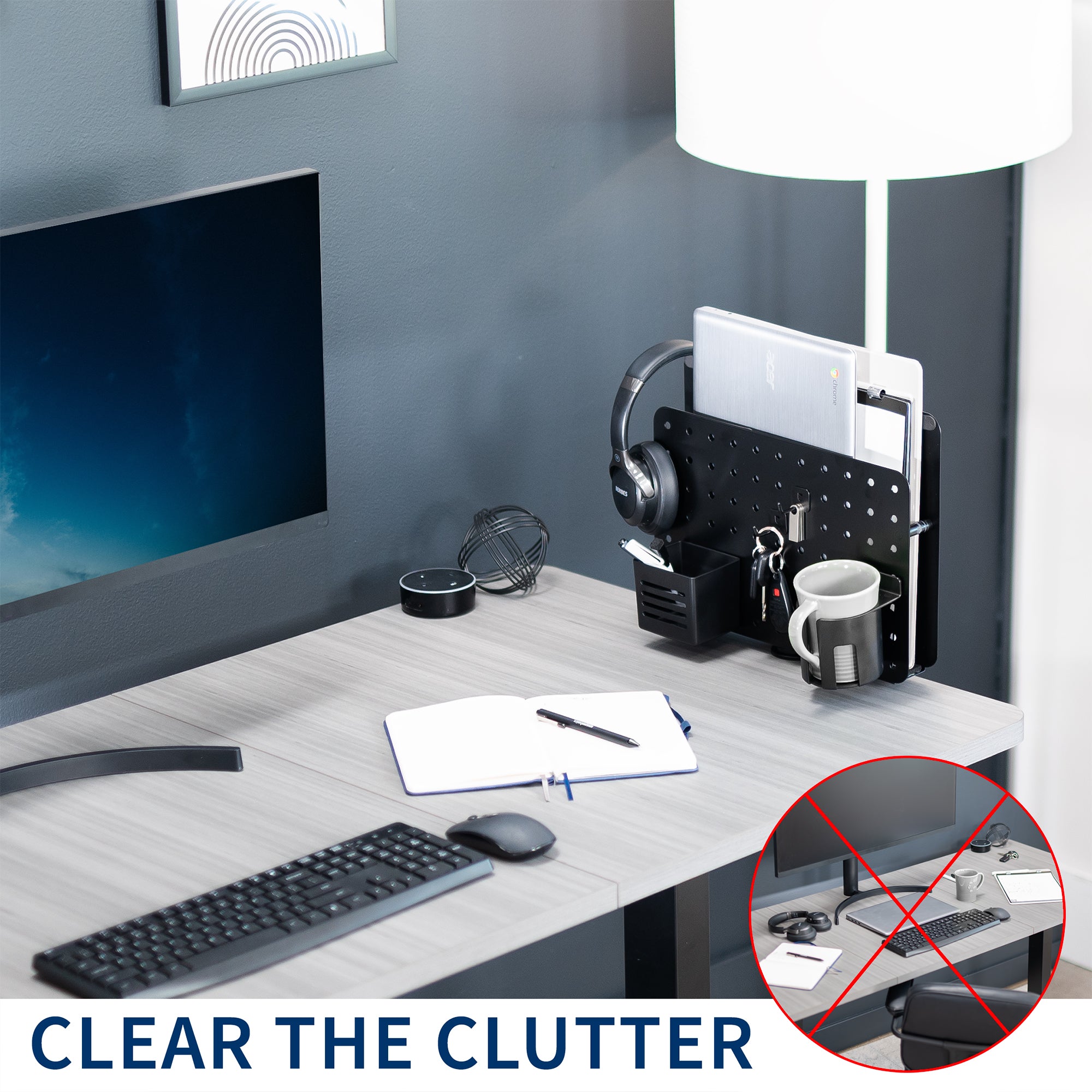 Clamp-on 360-degree rotating pegboard panel with laptop holder for storage and privacy with accessories included. Featuring flexible placement and an easy assembly process.