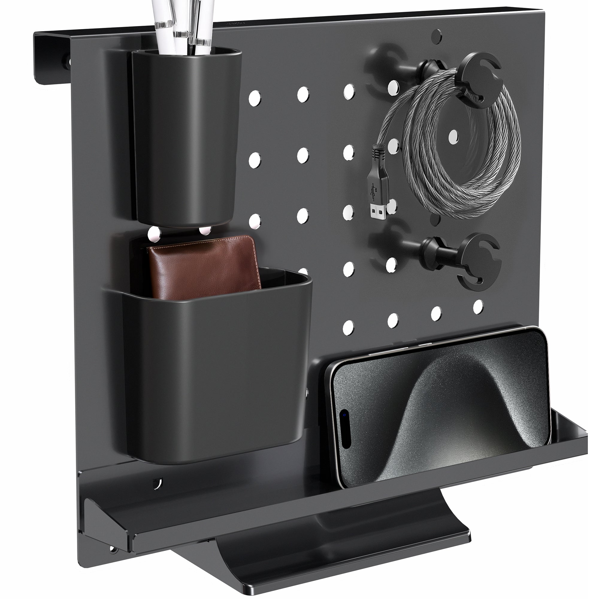 A black pegboard desk organizer with various slots and holders for office supplies and a mobile phone.
