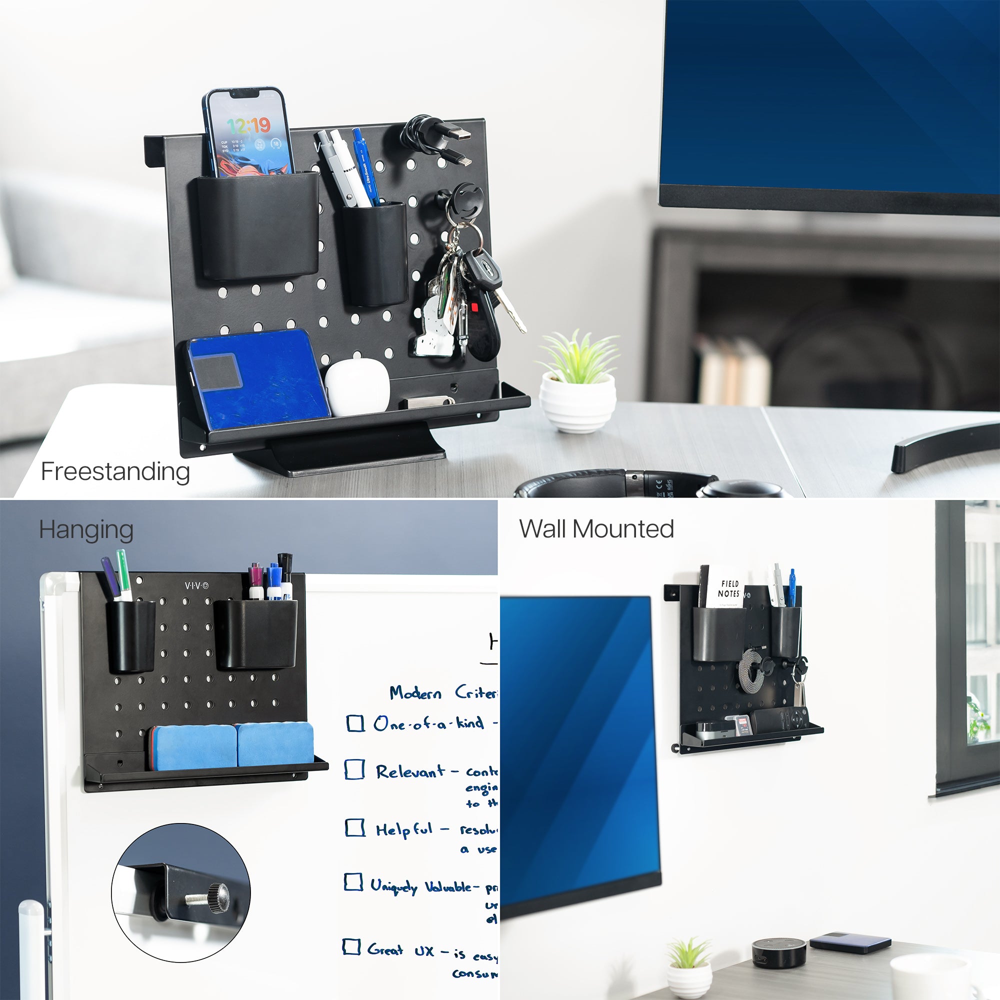 A black pegboard desk organizer with various slots and holders for office supplies and a mobile phone.