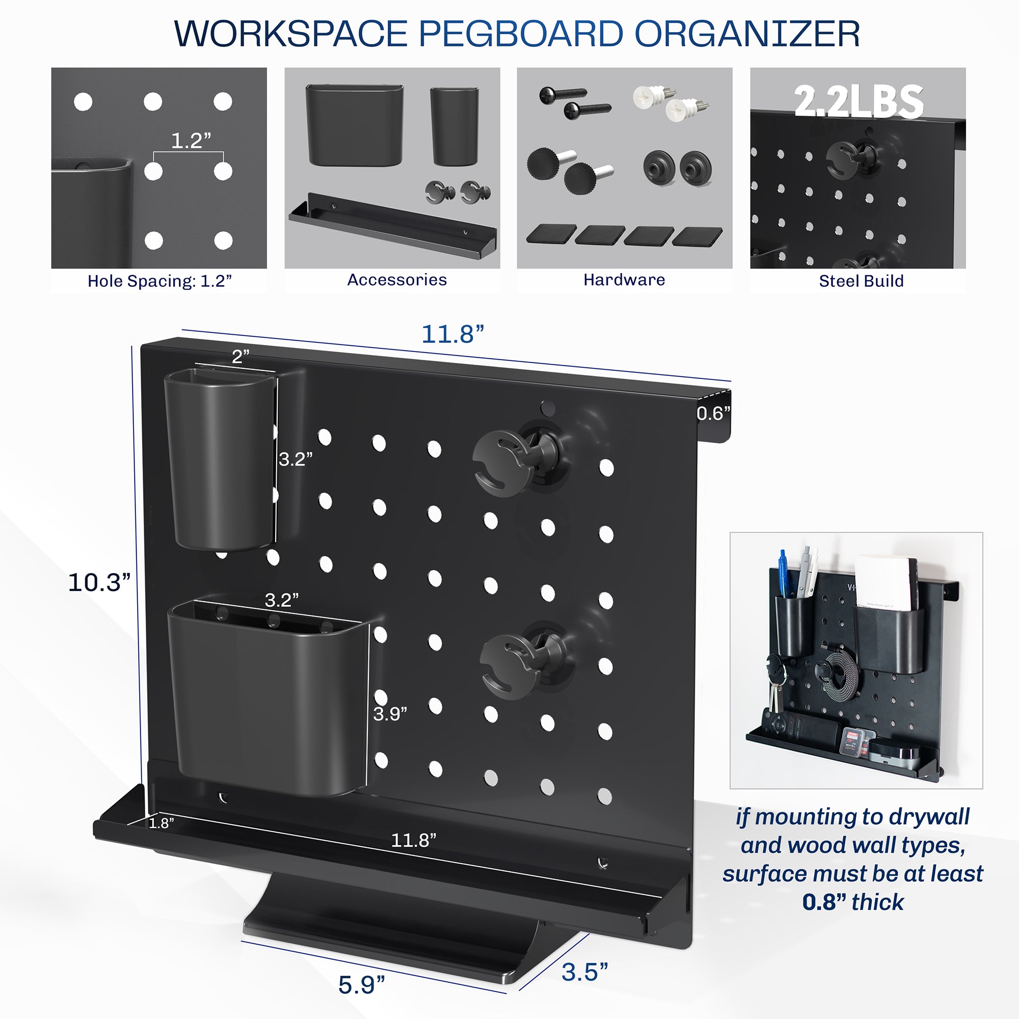 A black pegboard desk organizer with various slots and holders for office supplies and a mobile phone.
