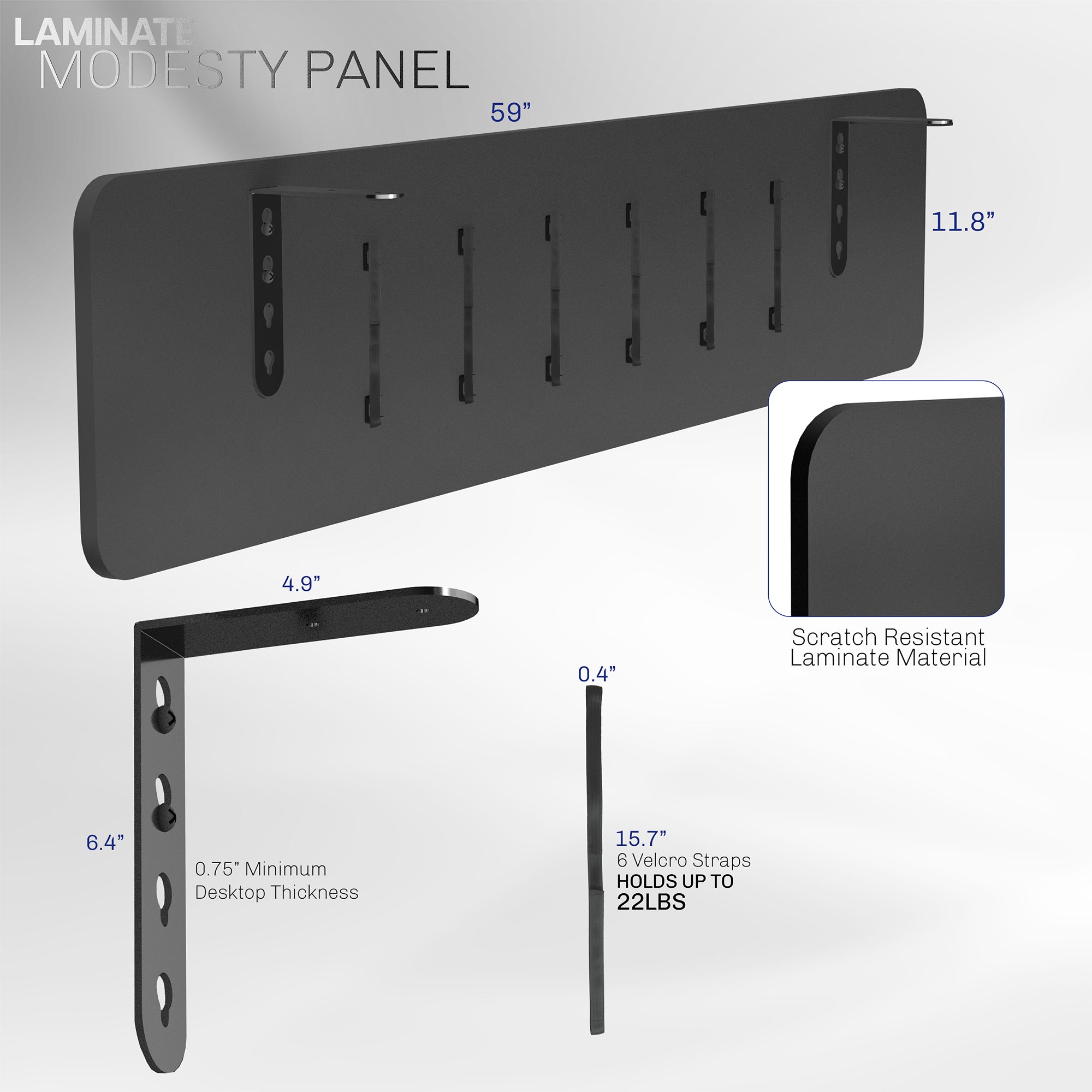 A black laminate modesty panel with text on measurements