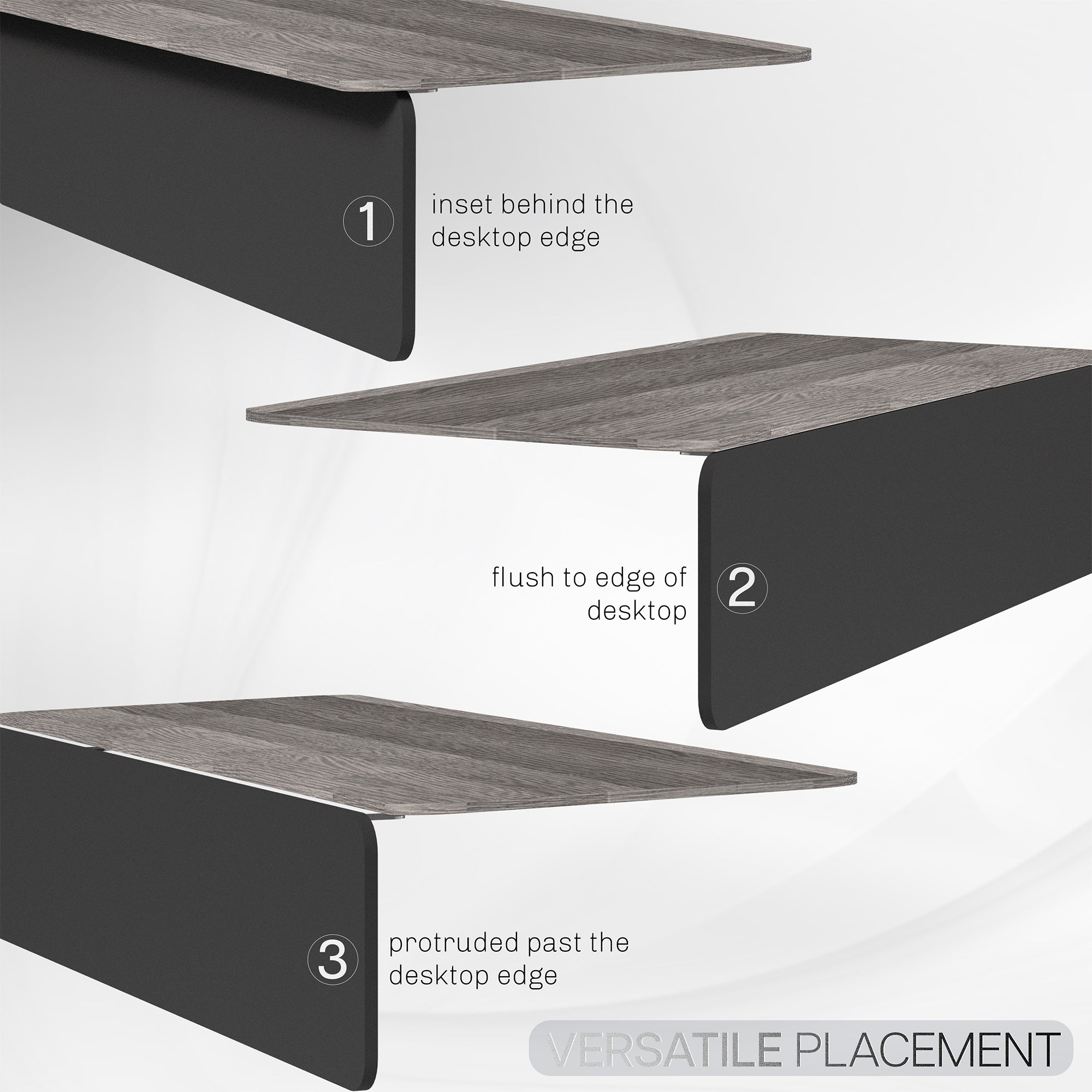 A black laminate modesty panel with versatile placement feature shown on a white background.