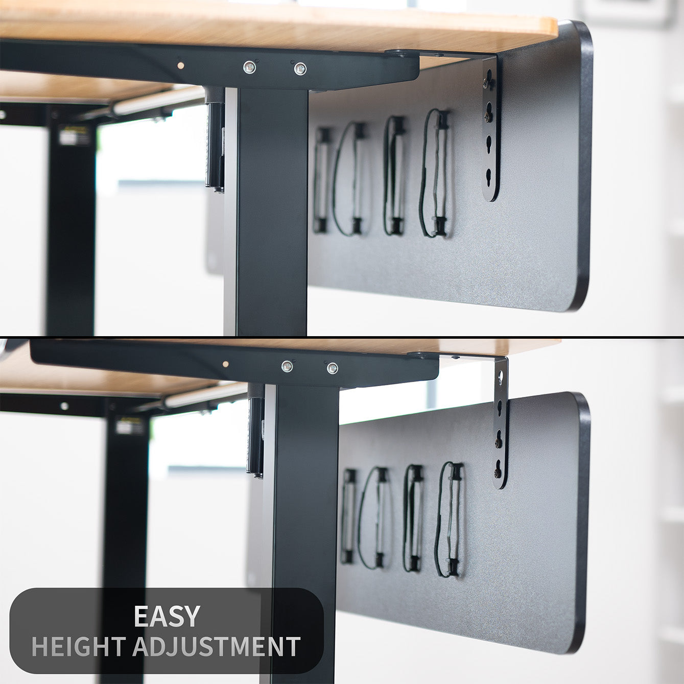 A black laminate modesty panel attached to a wooden desk with a black leg frame with easy height adjustment feature shown.