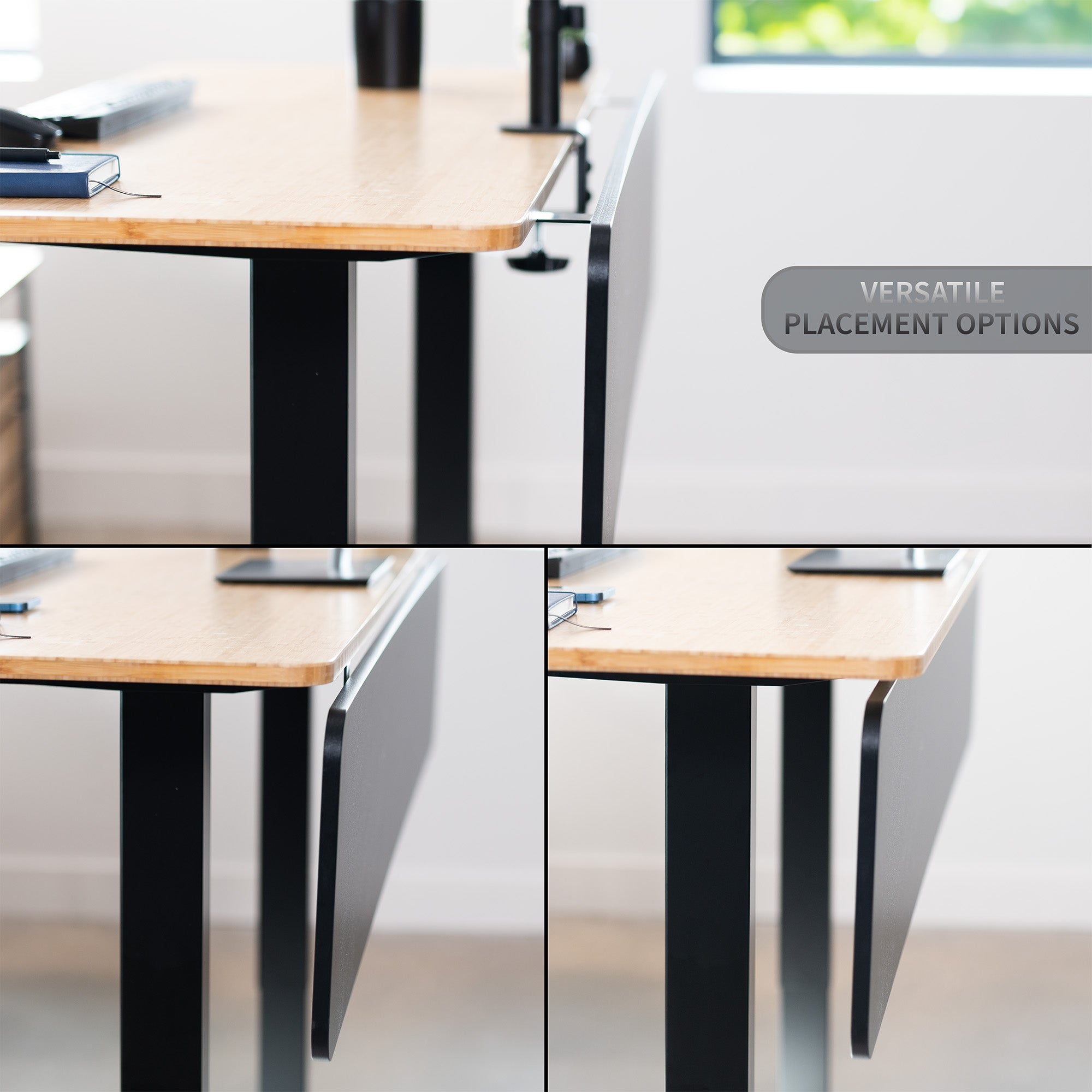 A black laminate modesty panel with versatile placement feature shown.