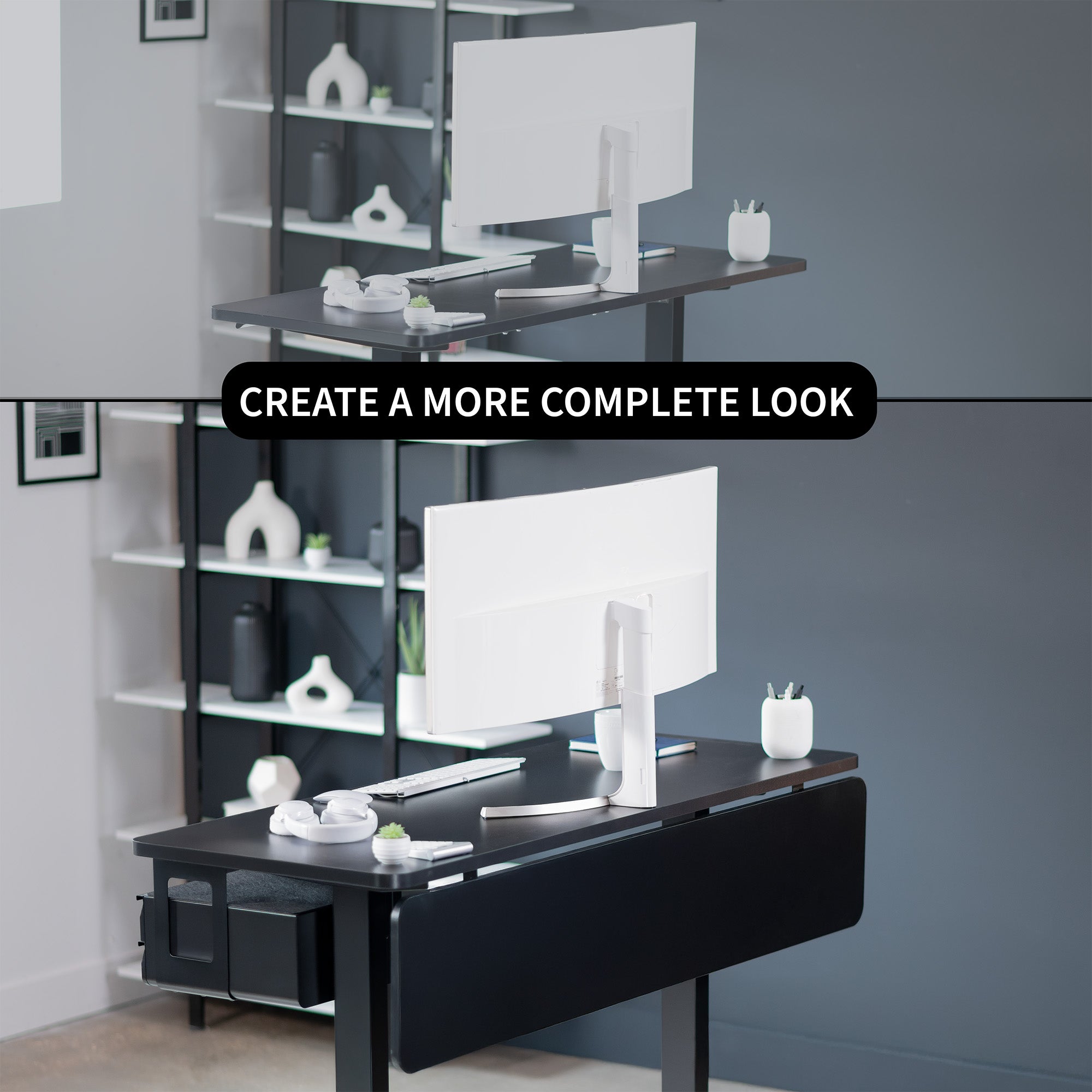 A black laminate modesty panel with a comparison to a desk without a panel.