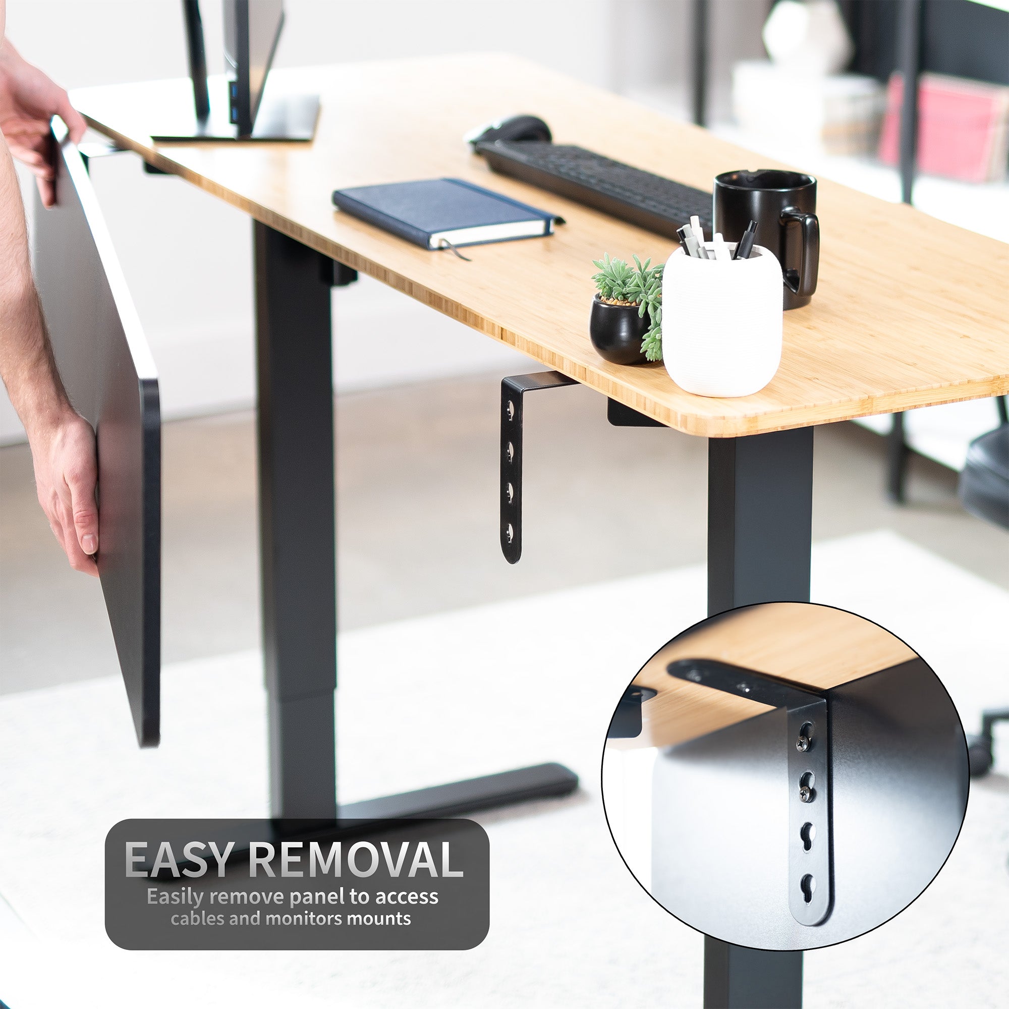 A black laminate modesty panel with easy removal feature highlighted.