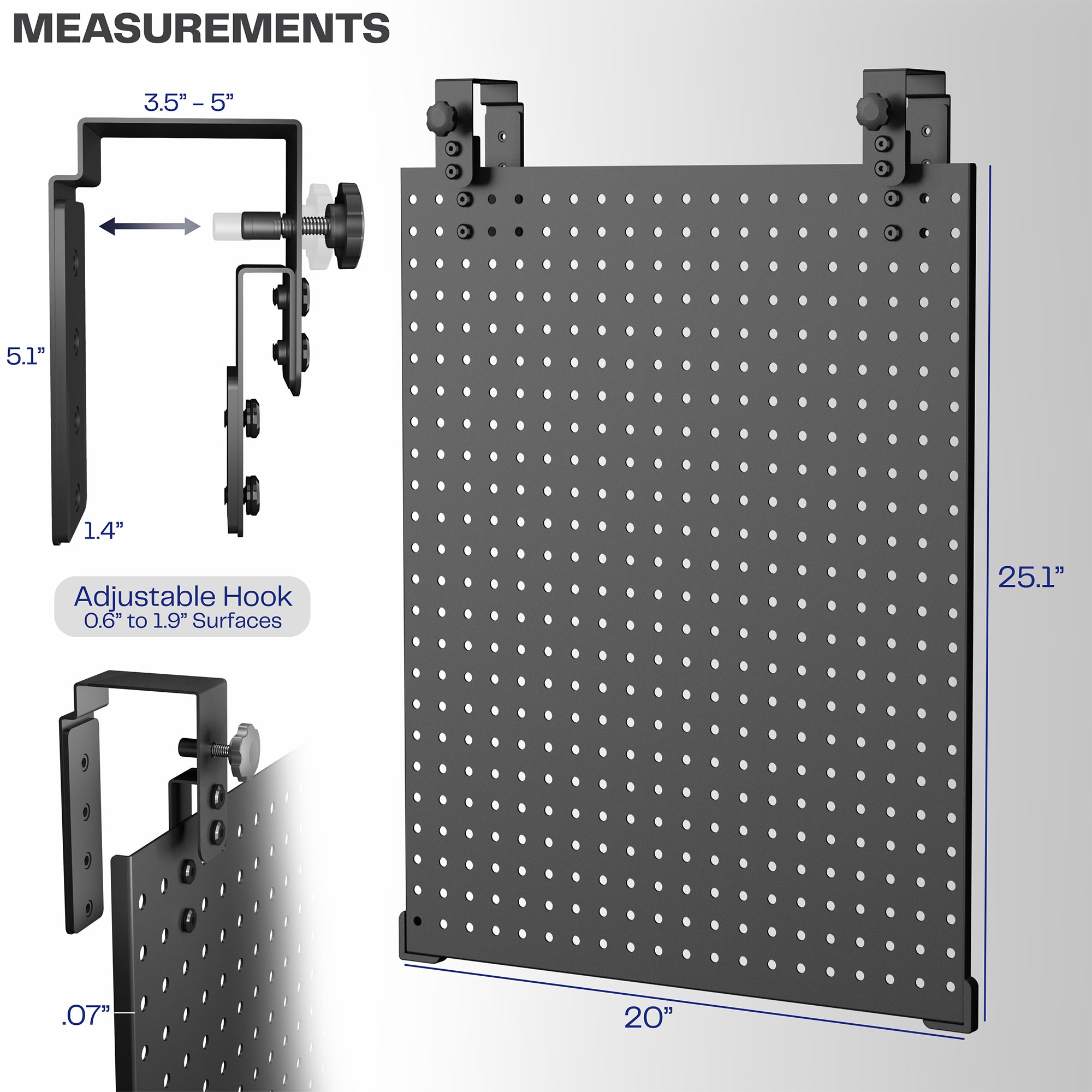 A black pegboard mounted on a white wall with text on measurements.
