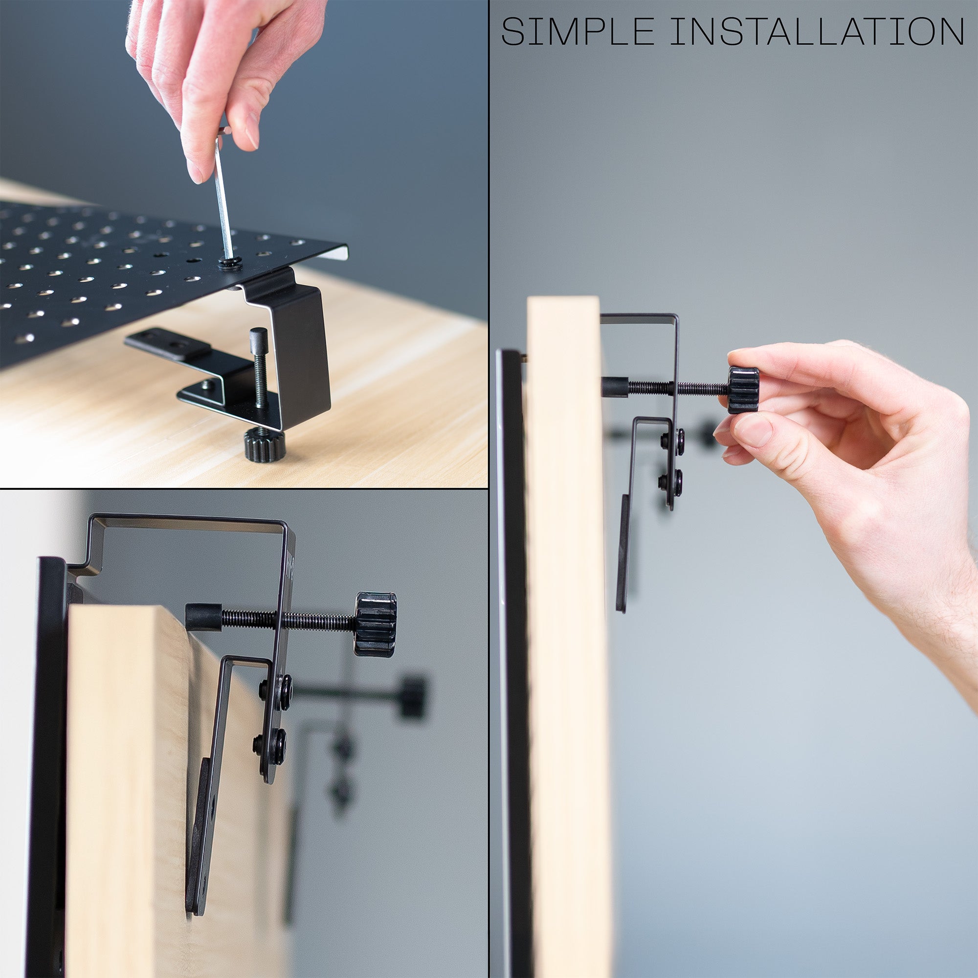 A black pegboard with easy installation text and graphics.