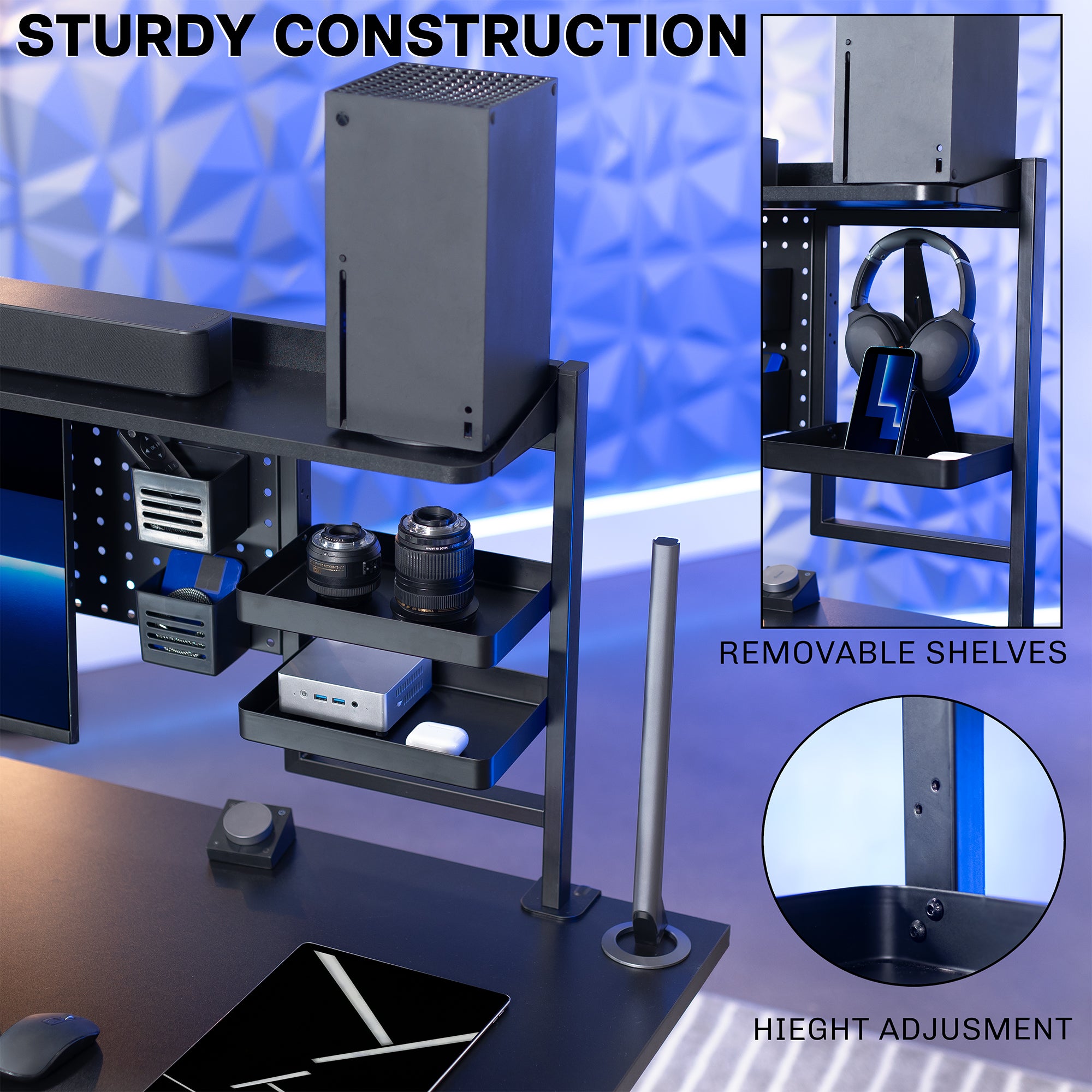 Desk setup with computer components and a monitor, featuring a stand with removable shelves and height adjustment.