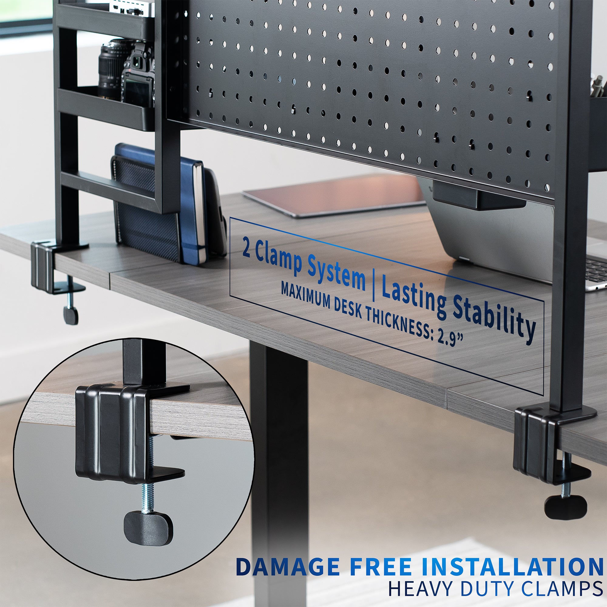 Desk with clamp system for stability and installation