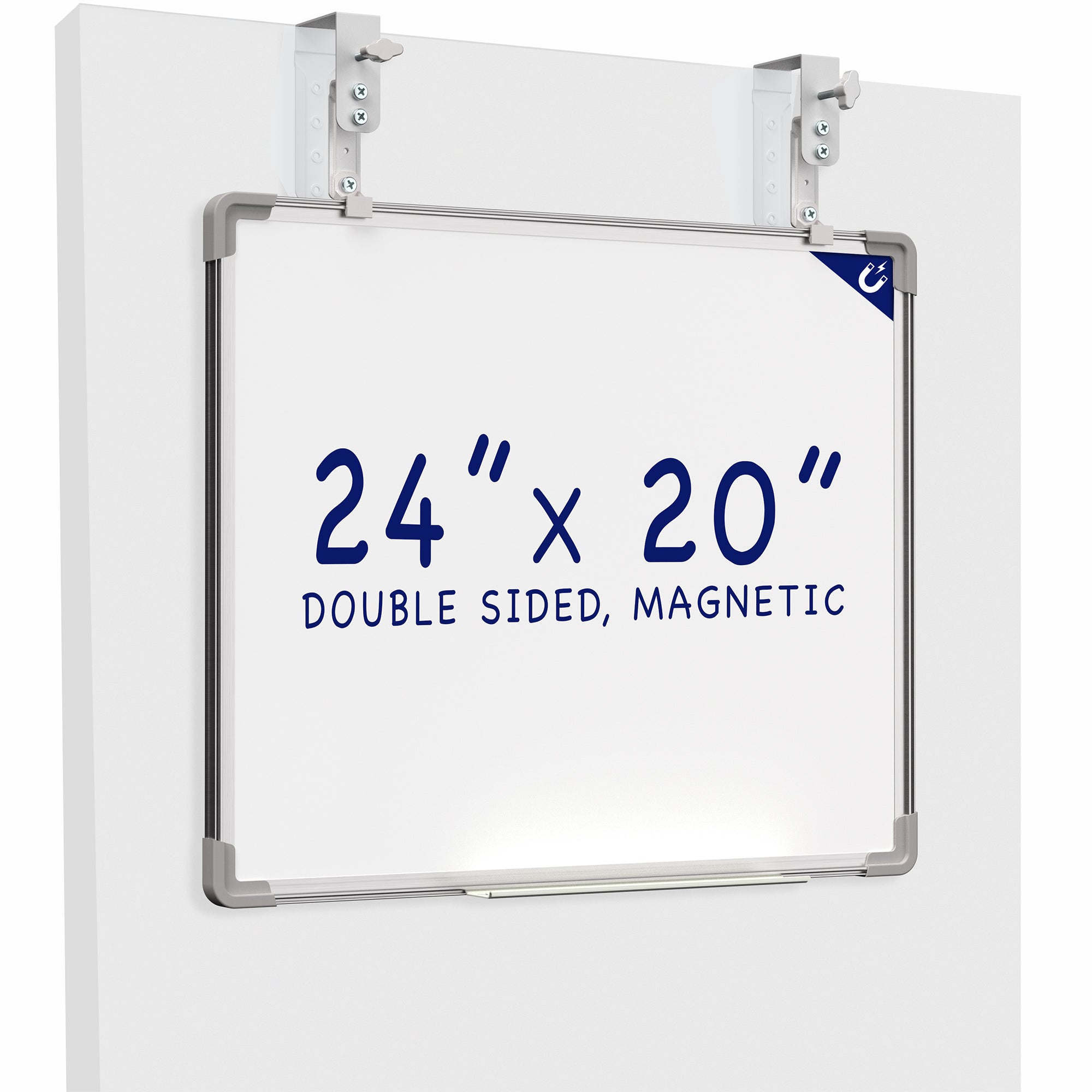 White, double-sided magnetic dry erase board mounted on a white wall.