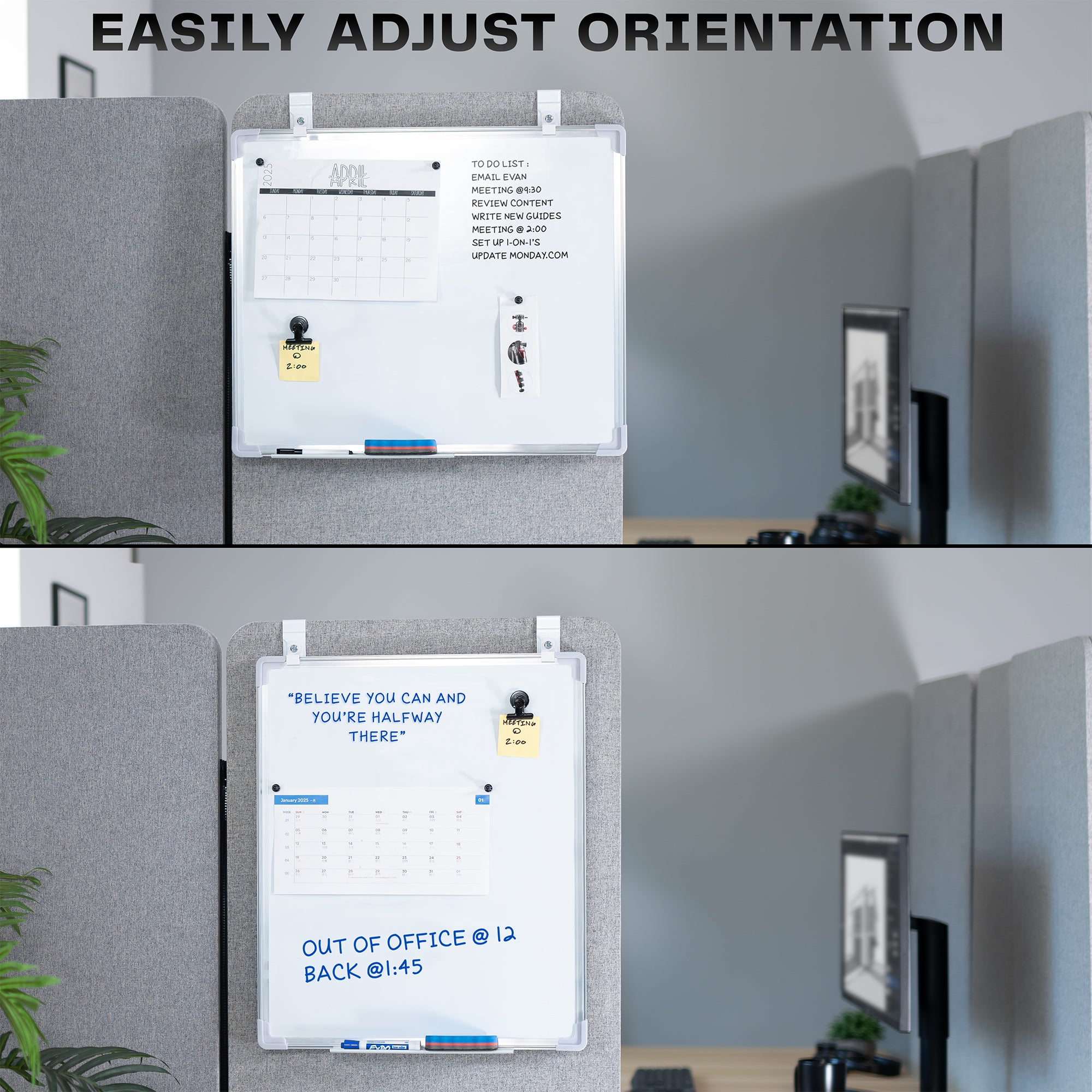 White, double-sided magnetic dry erase board mounted on a gray wall with different orientation options