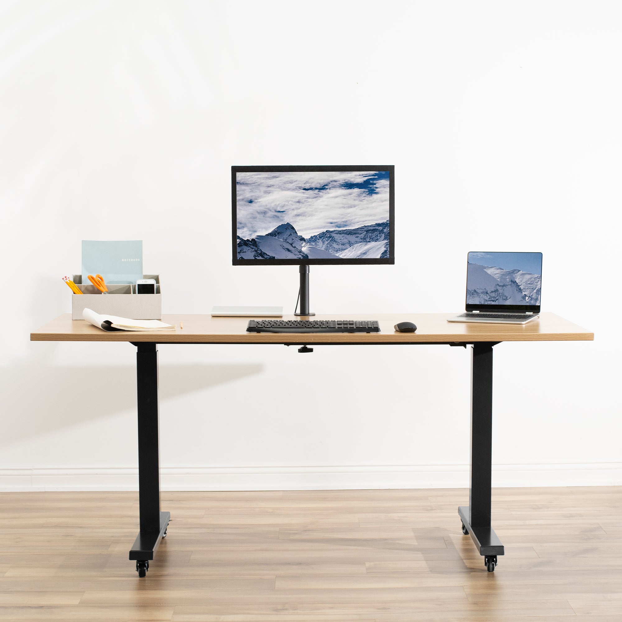 Four black locking caster wheels.