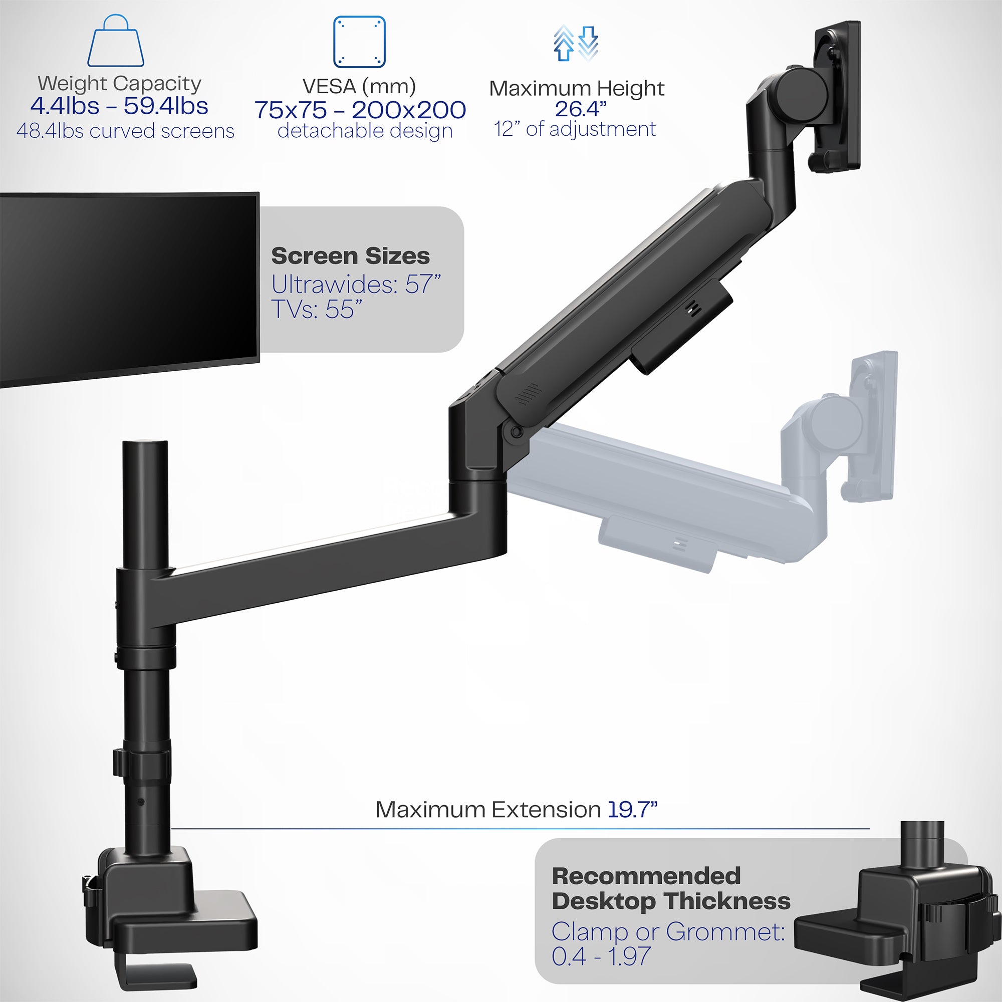 Single ultrawide monitor mounted on a pneumatic arm desk mount