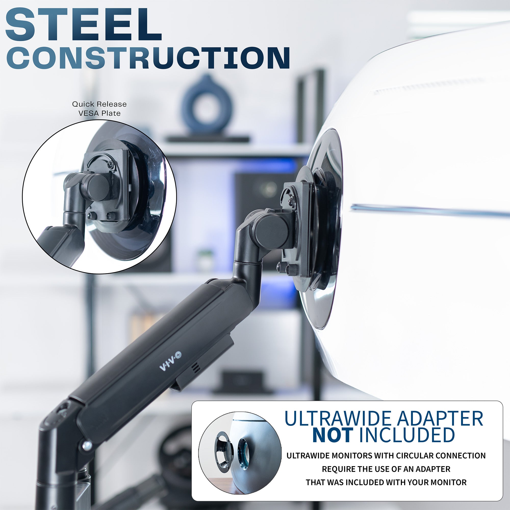 Single ultrawide monitor mounted on a pneumatic arm desk mount