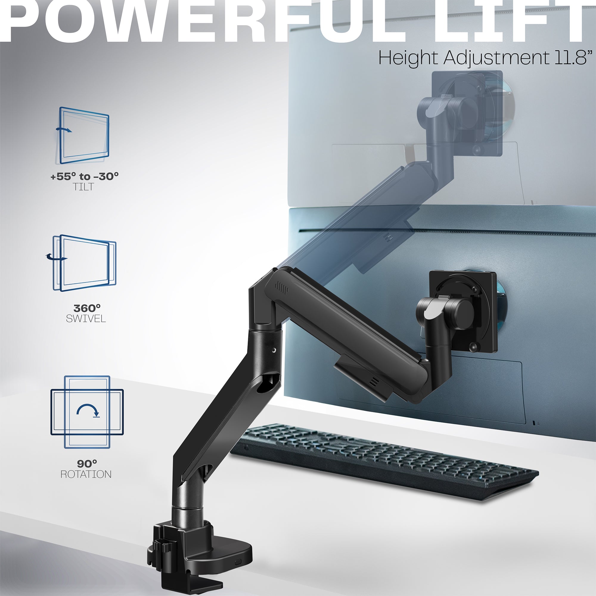 Pneumatic Arm Single Ultrawide Monitor Desk Mount - Up to 57" Screens