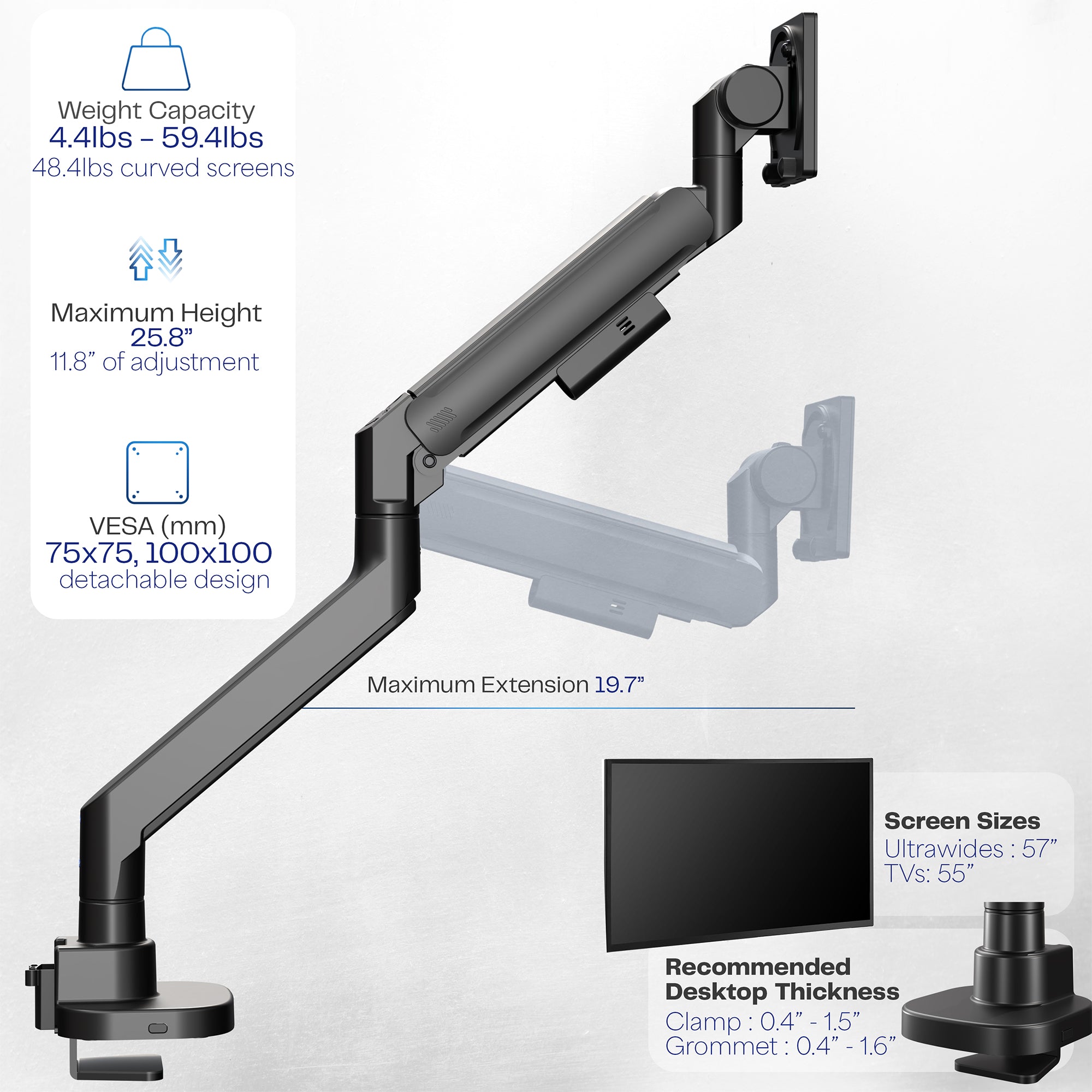 Pneumatic Arm Single Ultrawide Monitor Desk Mount - Up to 57" Screens