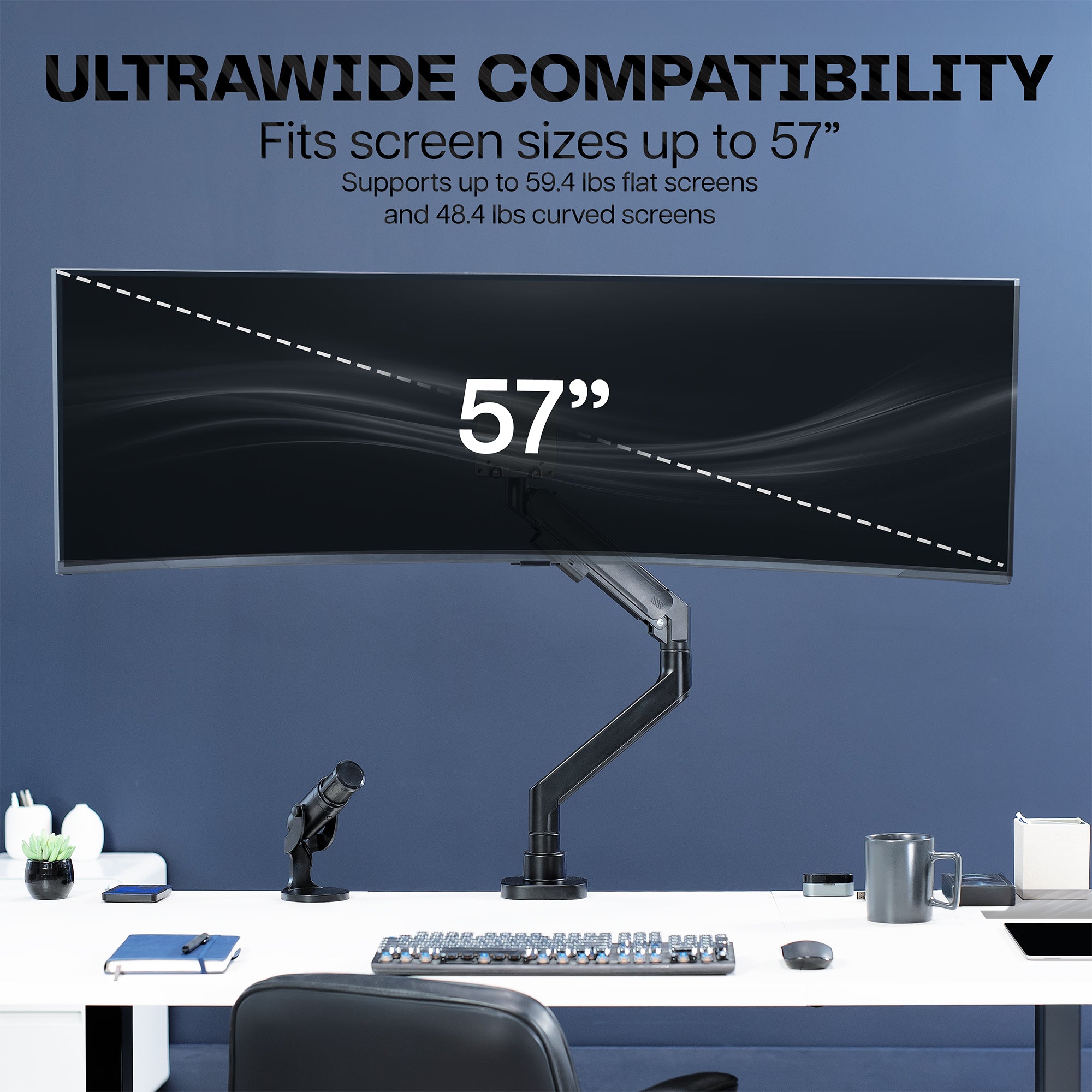 Pneumatic Arm Single Ultrawide Monitor Desk Mount - Up to 57" Screens