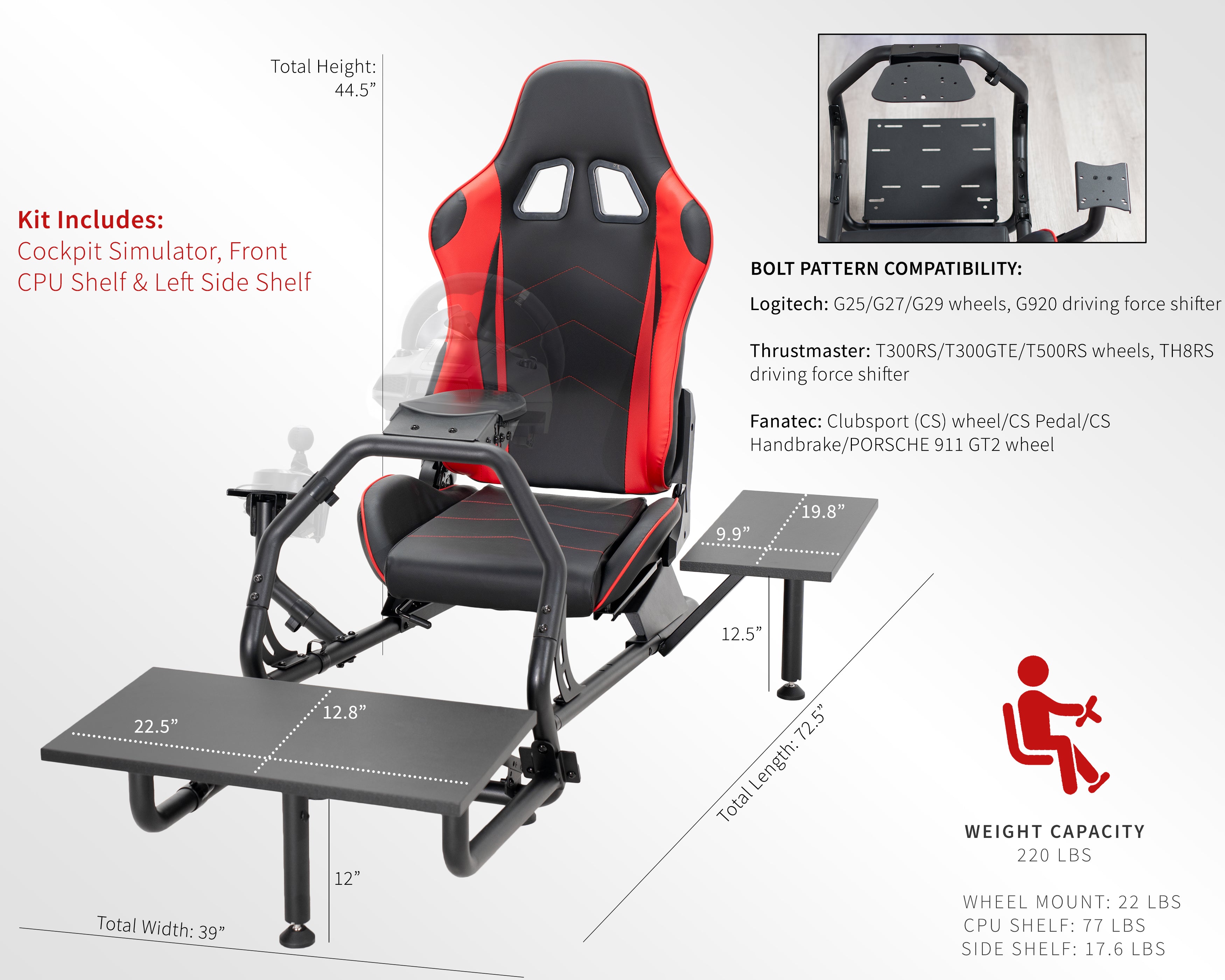 Racing simulator cockpit gaming chair with PC shelf and side shelf.