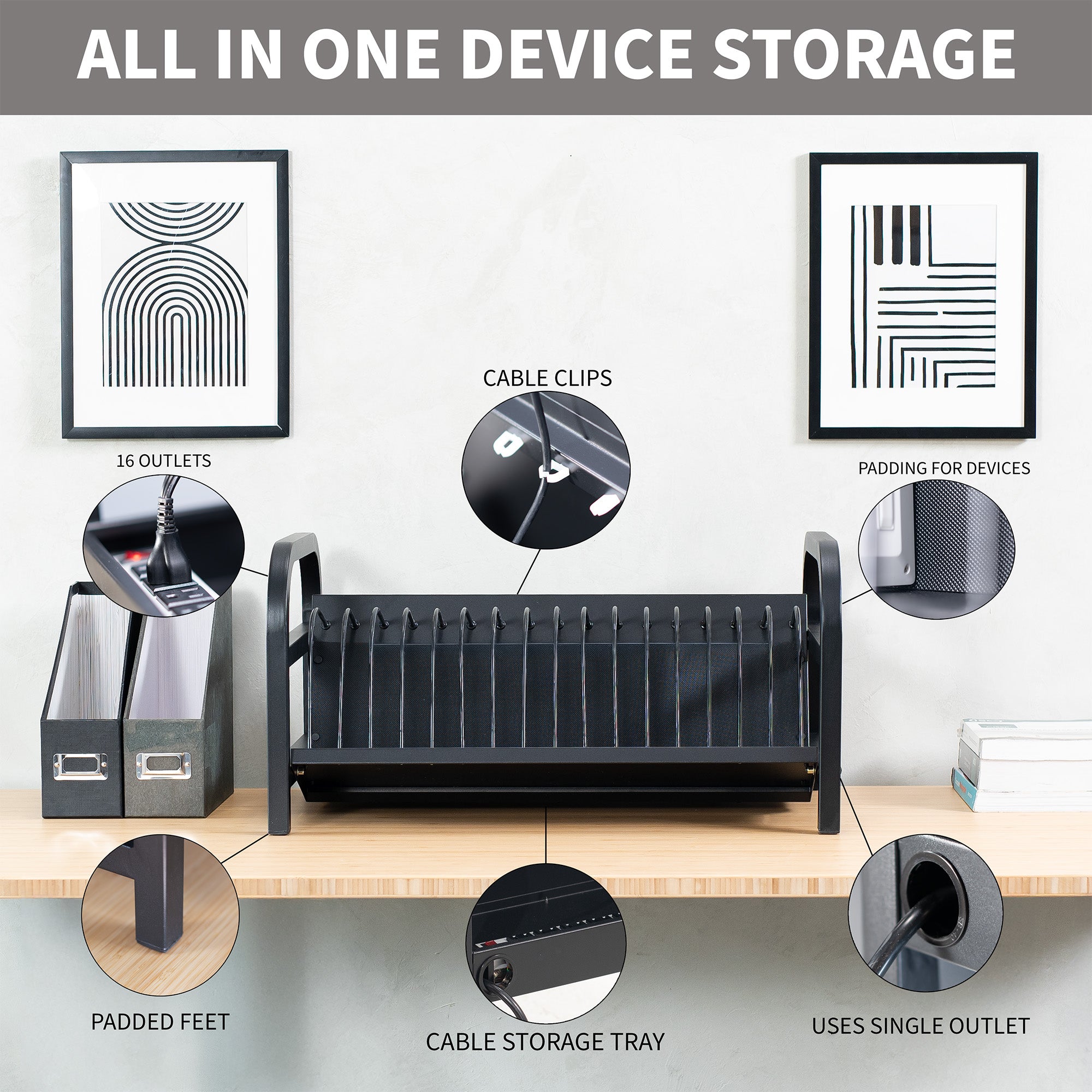 Desk organizer with various features highlighted on a white wall background