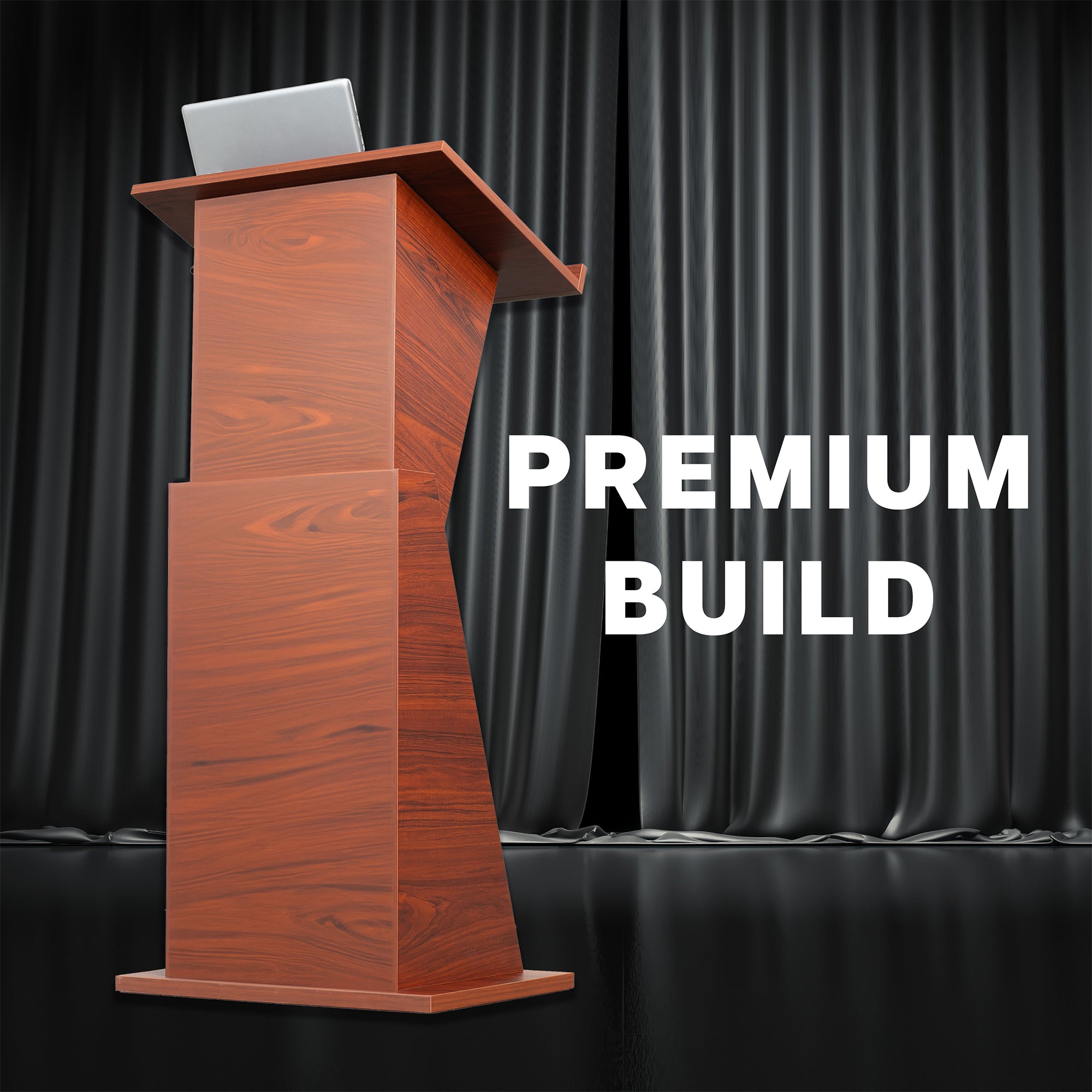 Sturdy modern height adjustable podium with storage shelves.