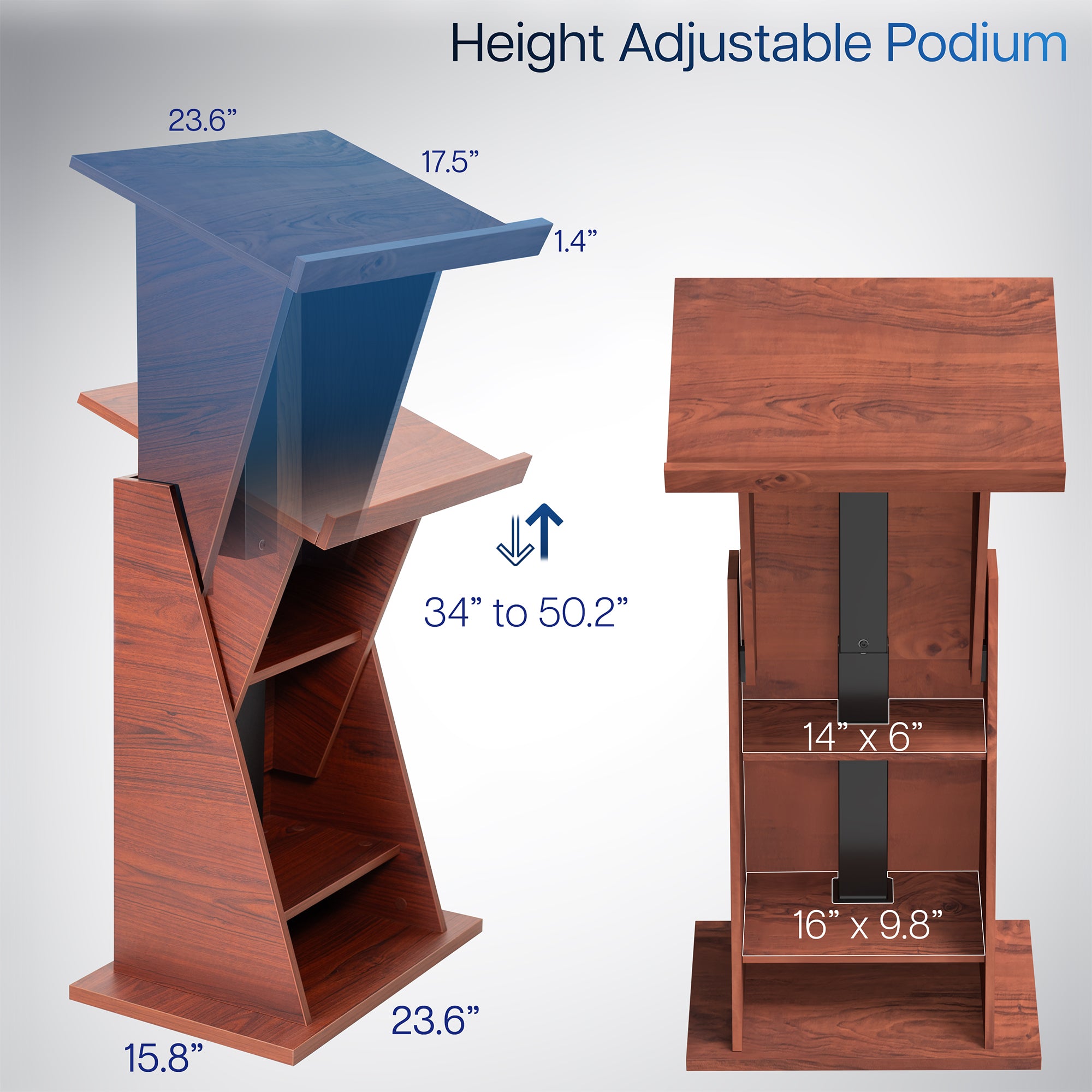 Sturdy modern height adjustable podium with storage shelves.
