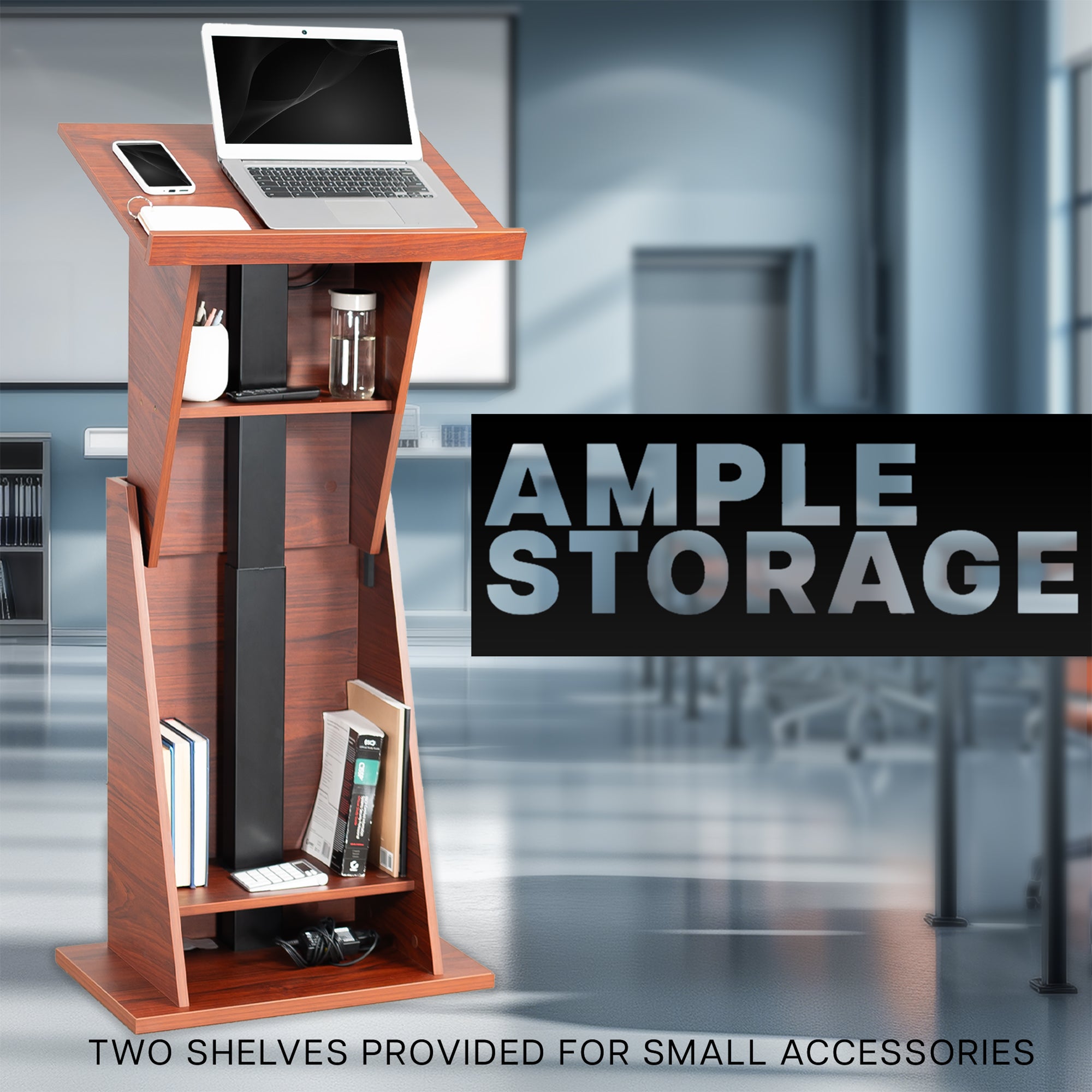 Sturdy modern height adjustable podium with storage shelves.