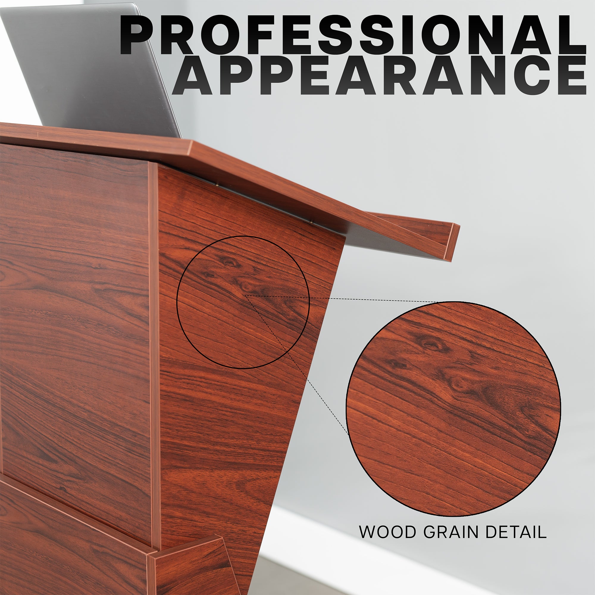 Sturdy modern height adjustable podium with storage shelves.