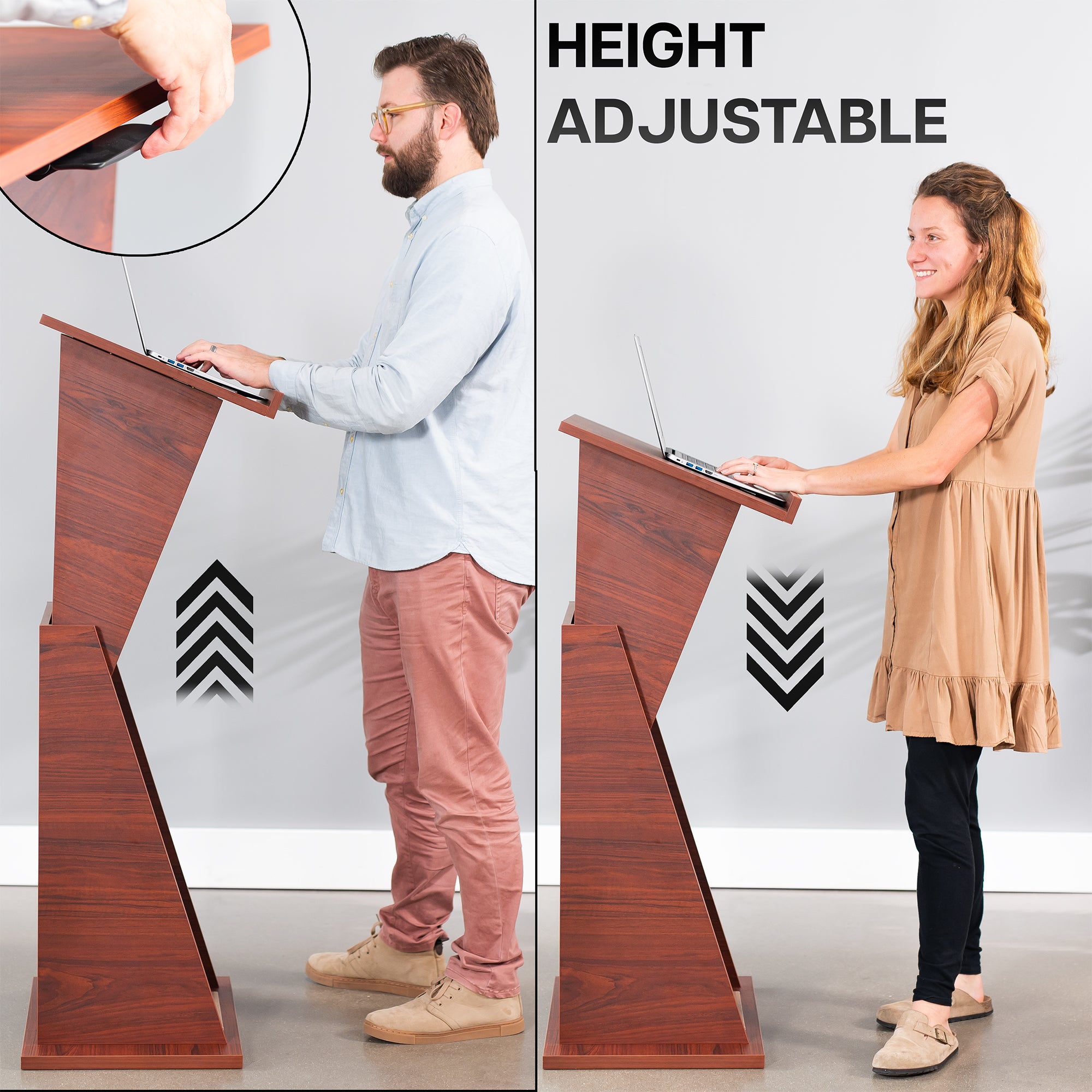 Sturdy modern height adjustable podium with storage shelves.