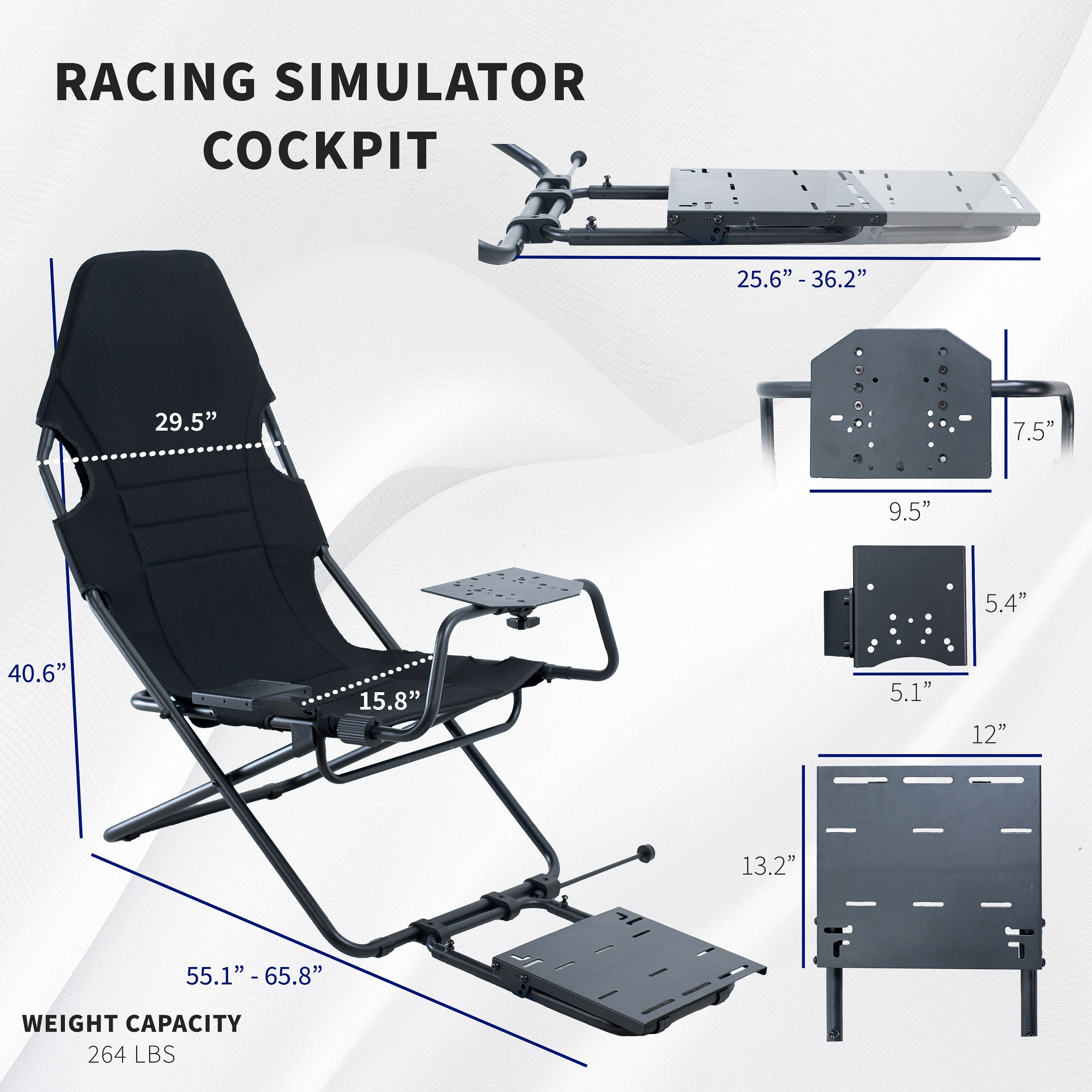 Black gaming chair with steering wheel and pedals with measurement text on a white background.