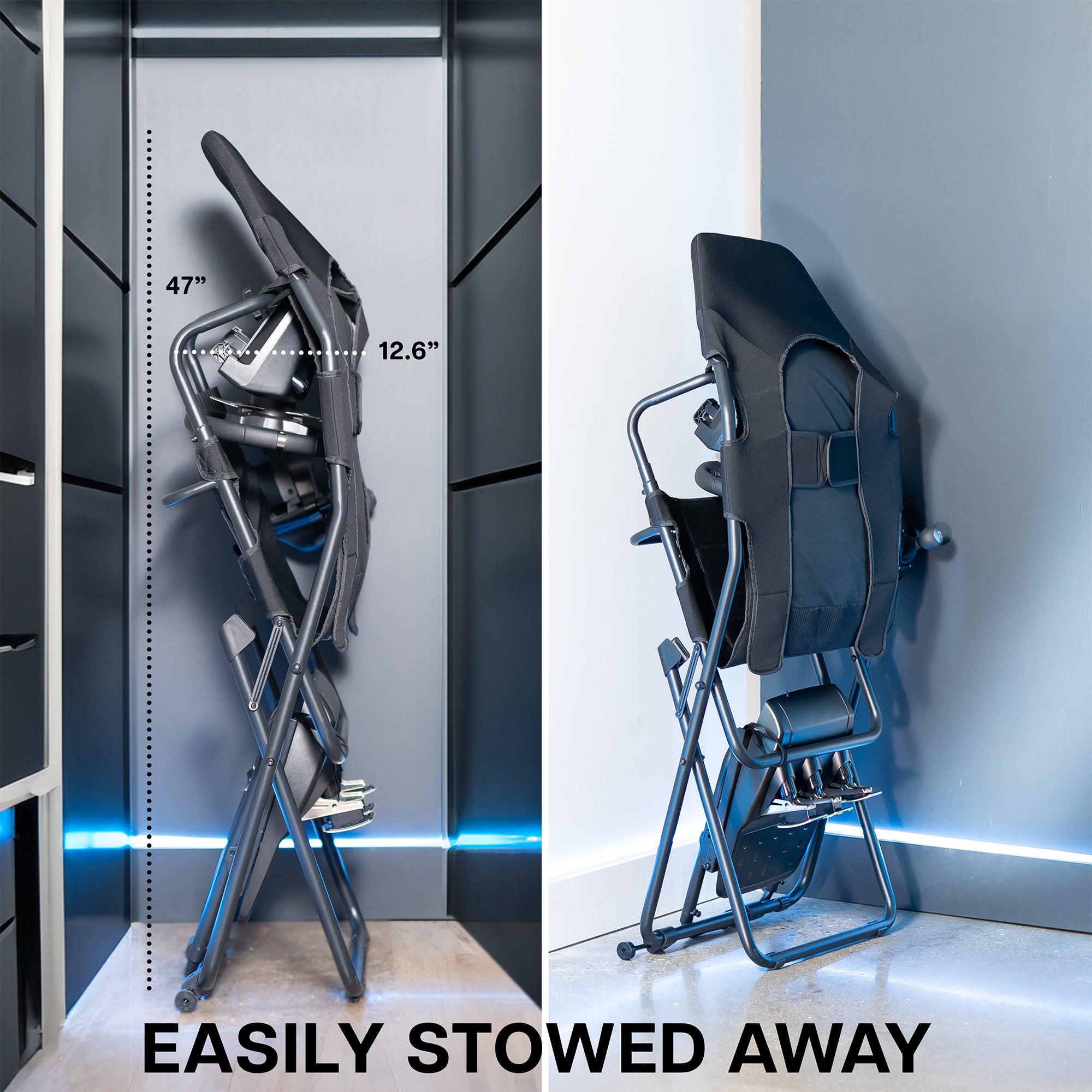 Black gaming chair folded up in a corner.