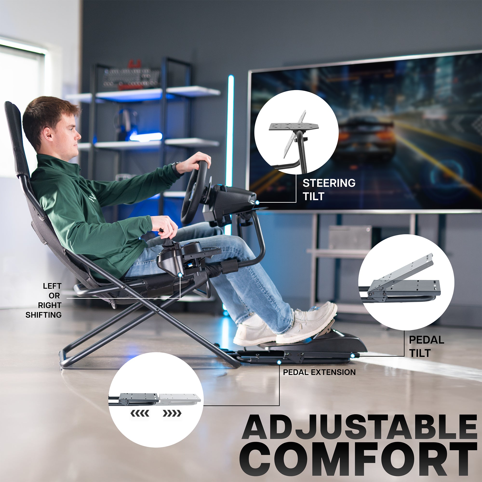 Man sitting on a black gaming chair with steering wheel and pedals.