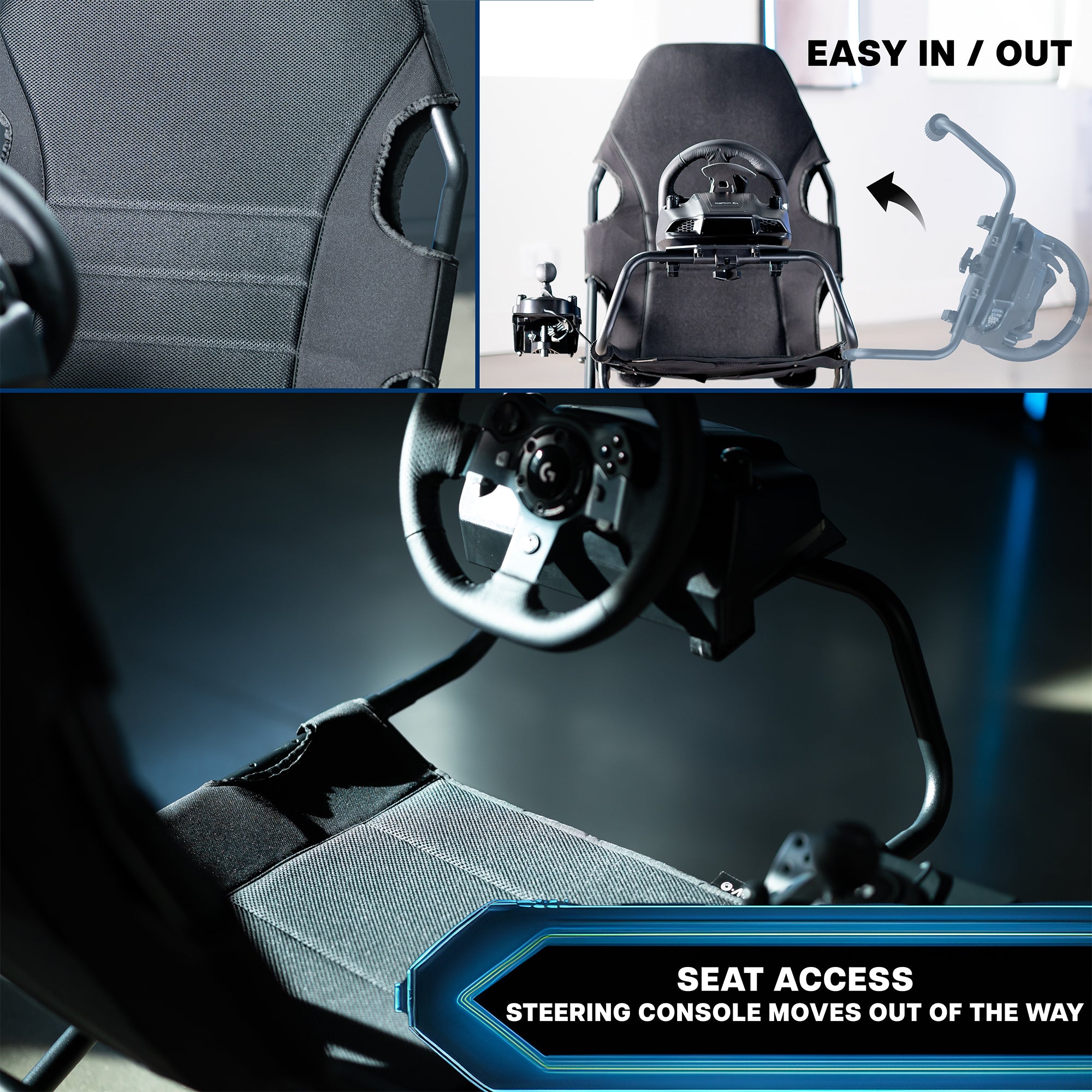 Black gaming chair with steering wheel and pedals.