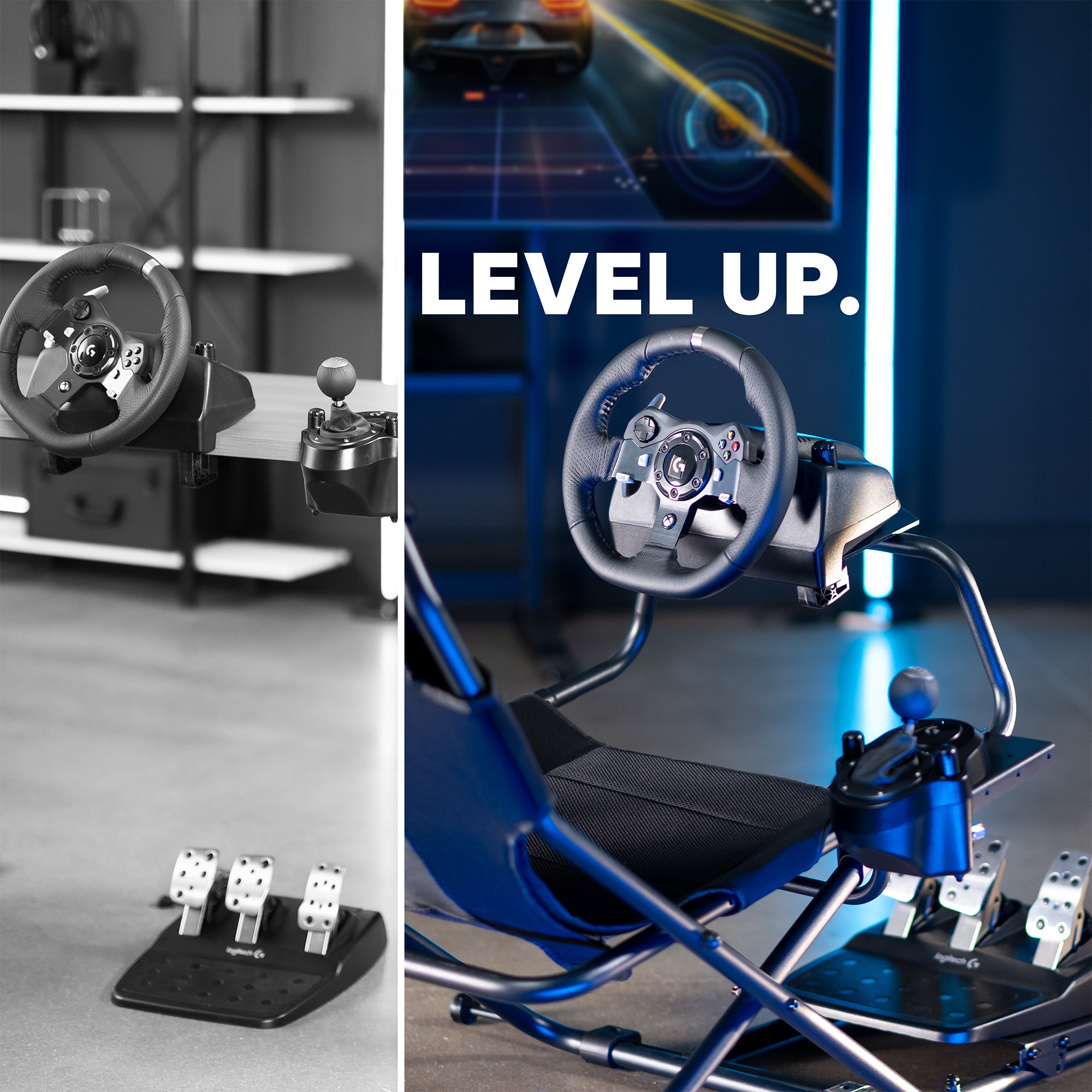 Black gaming chair with steering wheel and pedals on a reflective surface.