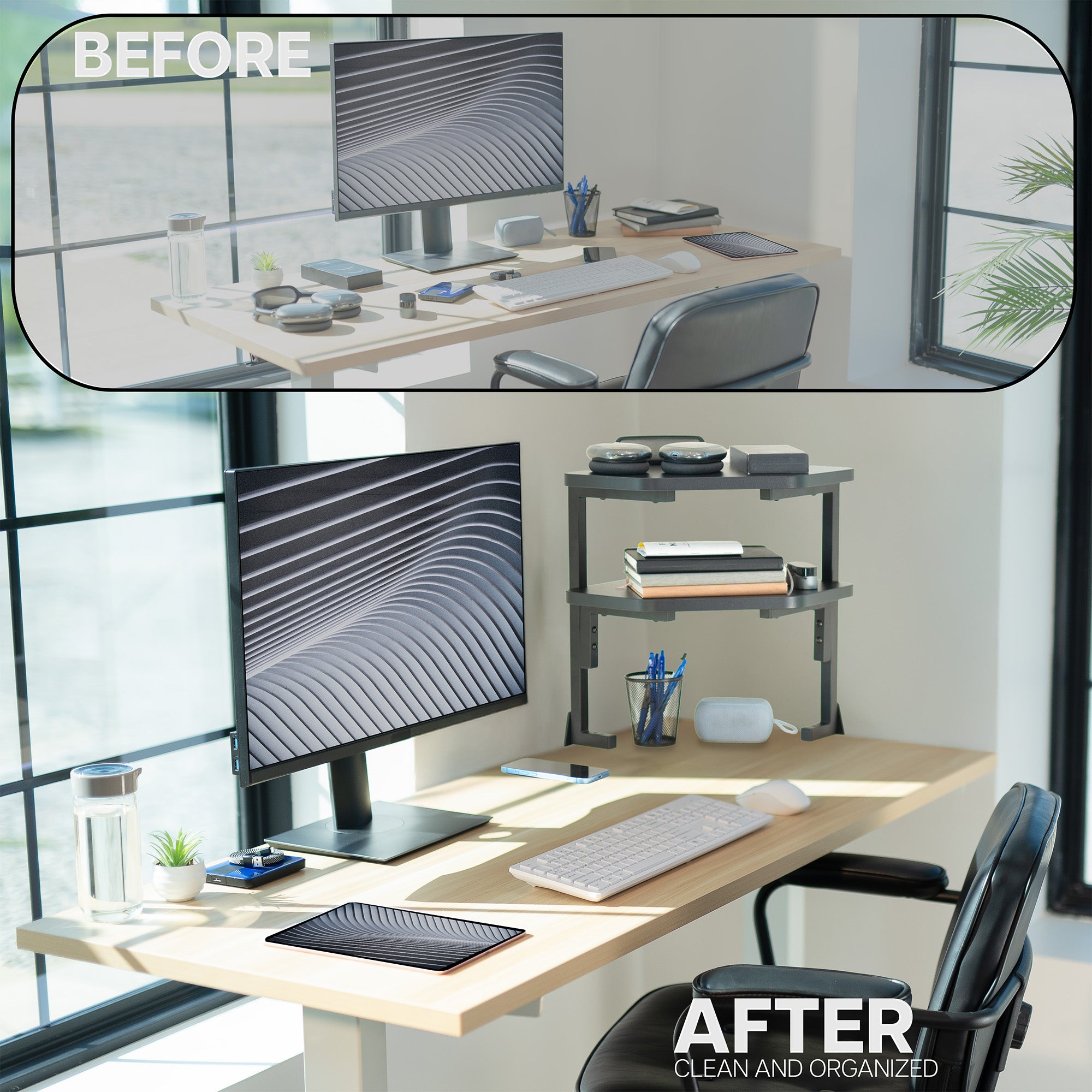 Before and after comparison of a home office setup with a clean and organized desk.