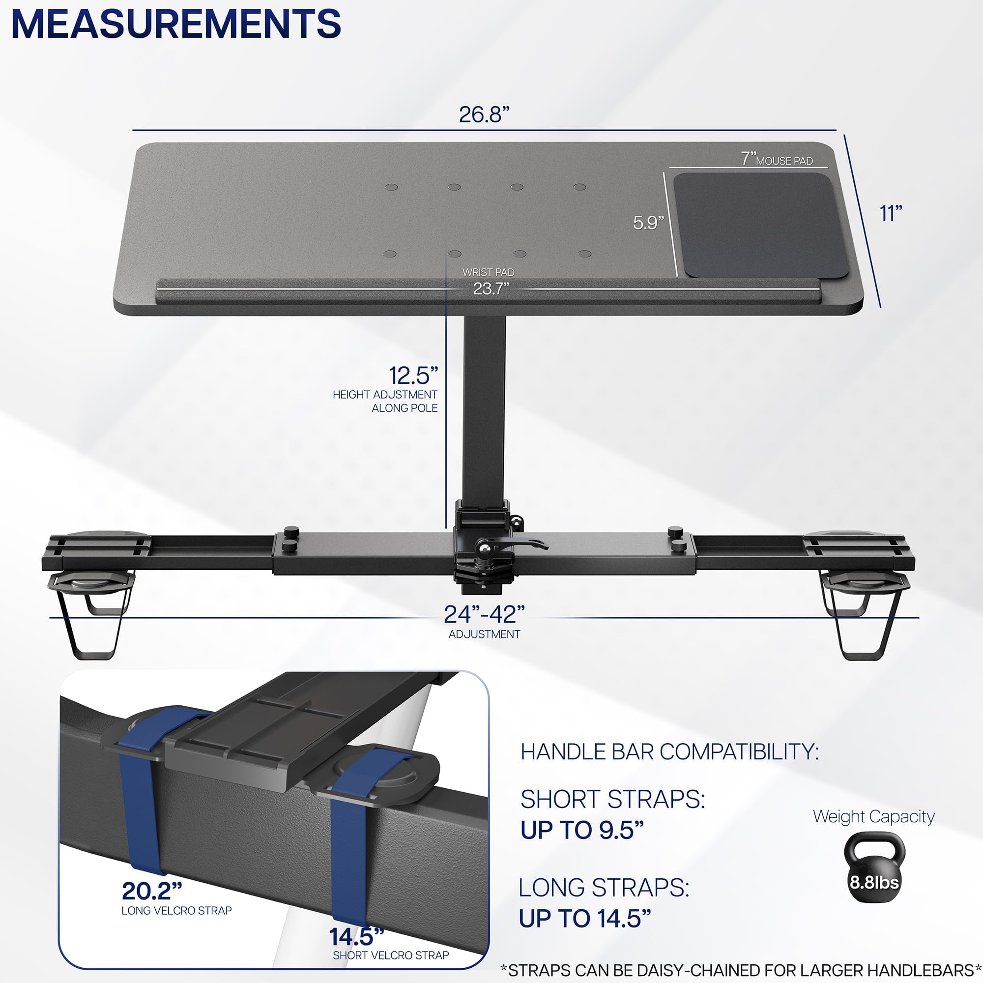 Measurement chart of a Height Adjustable 27" Laptop Desk for Treadmill with various dimensions and compatibility details.