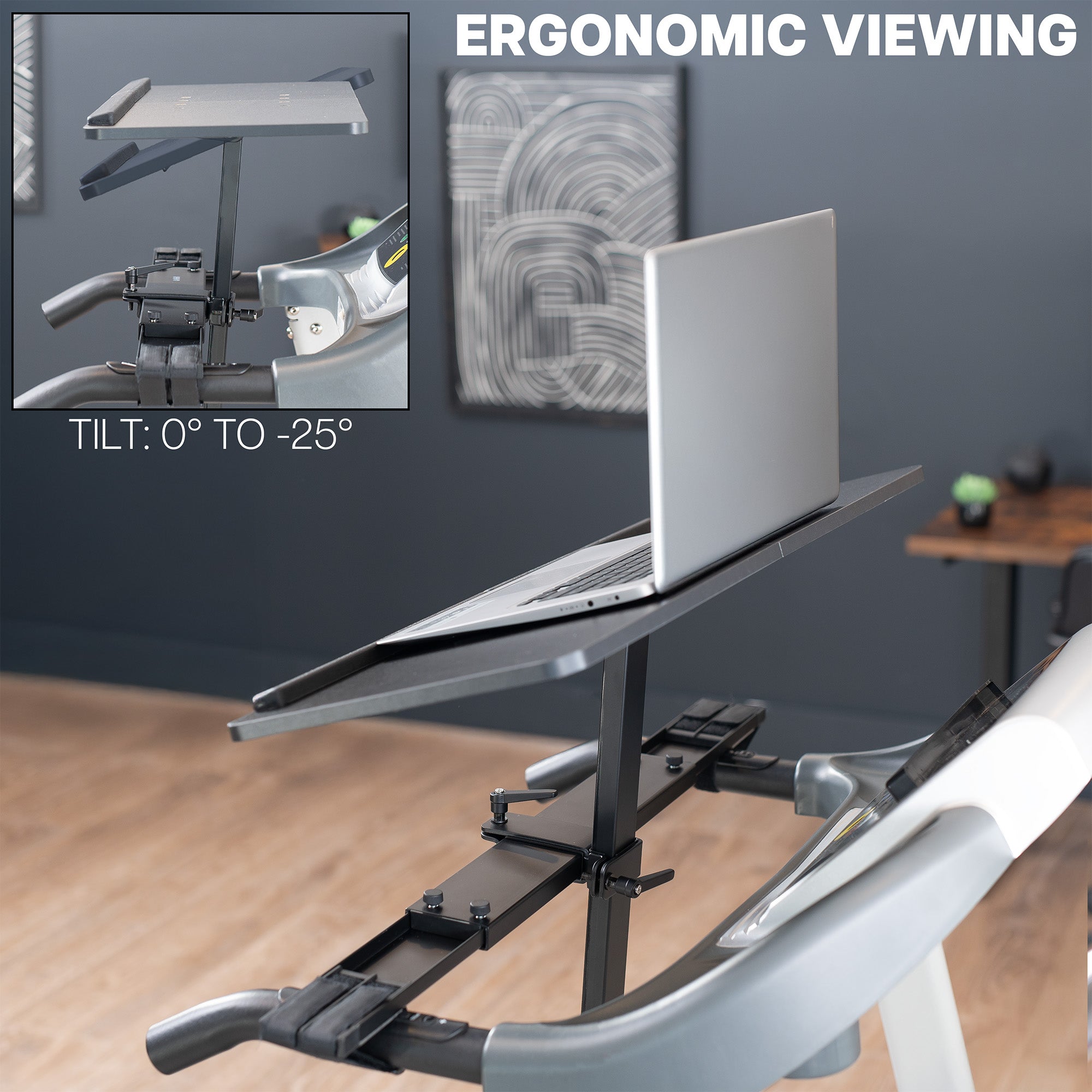 Ergonomic laptop treadmill desk stand with adjustable tilt, featuring a laptop and office setup.