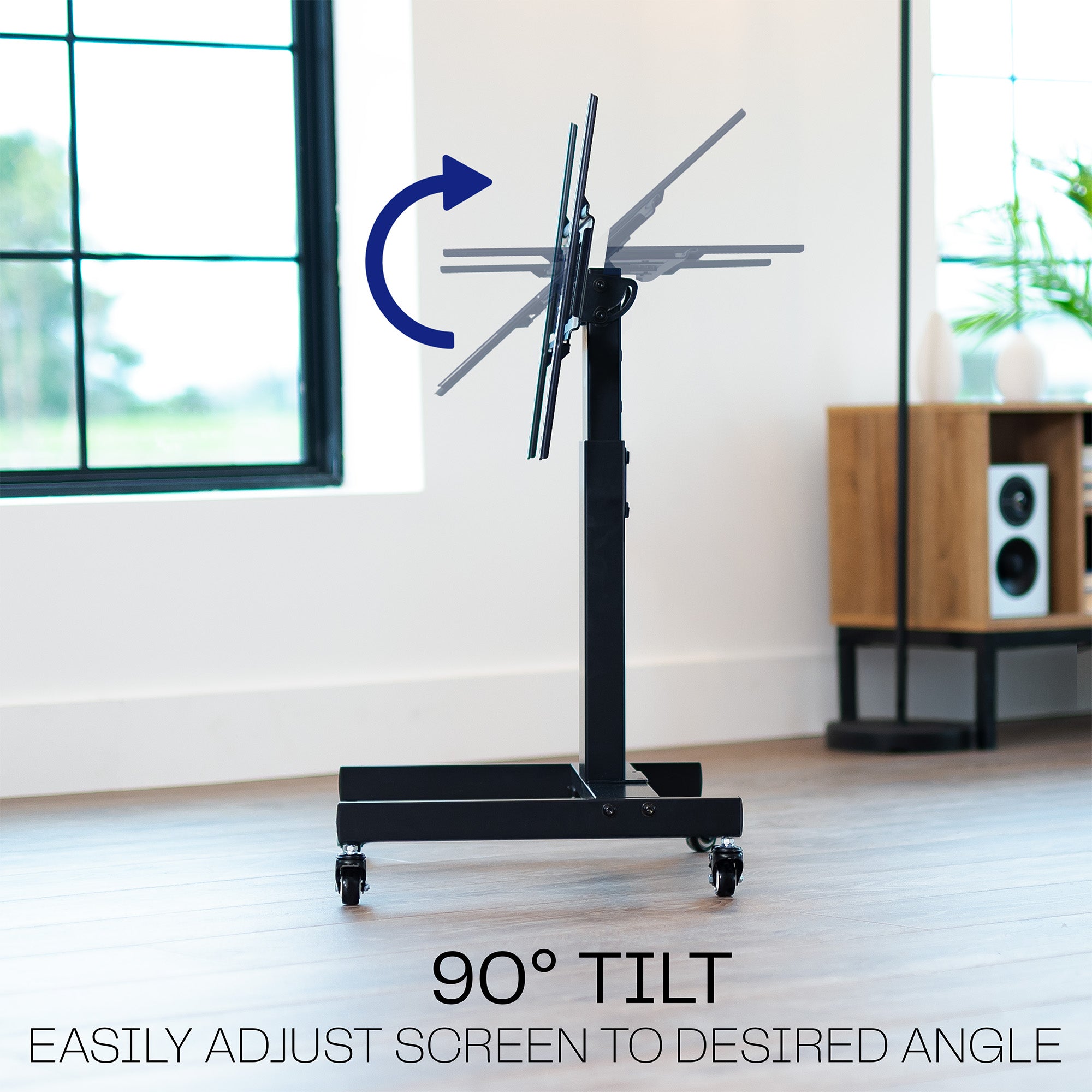 A low height mobile TV cart with a black frame and wheels featuring tilt.