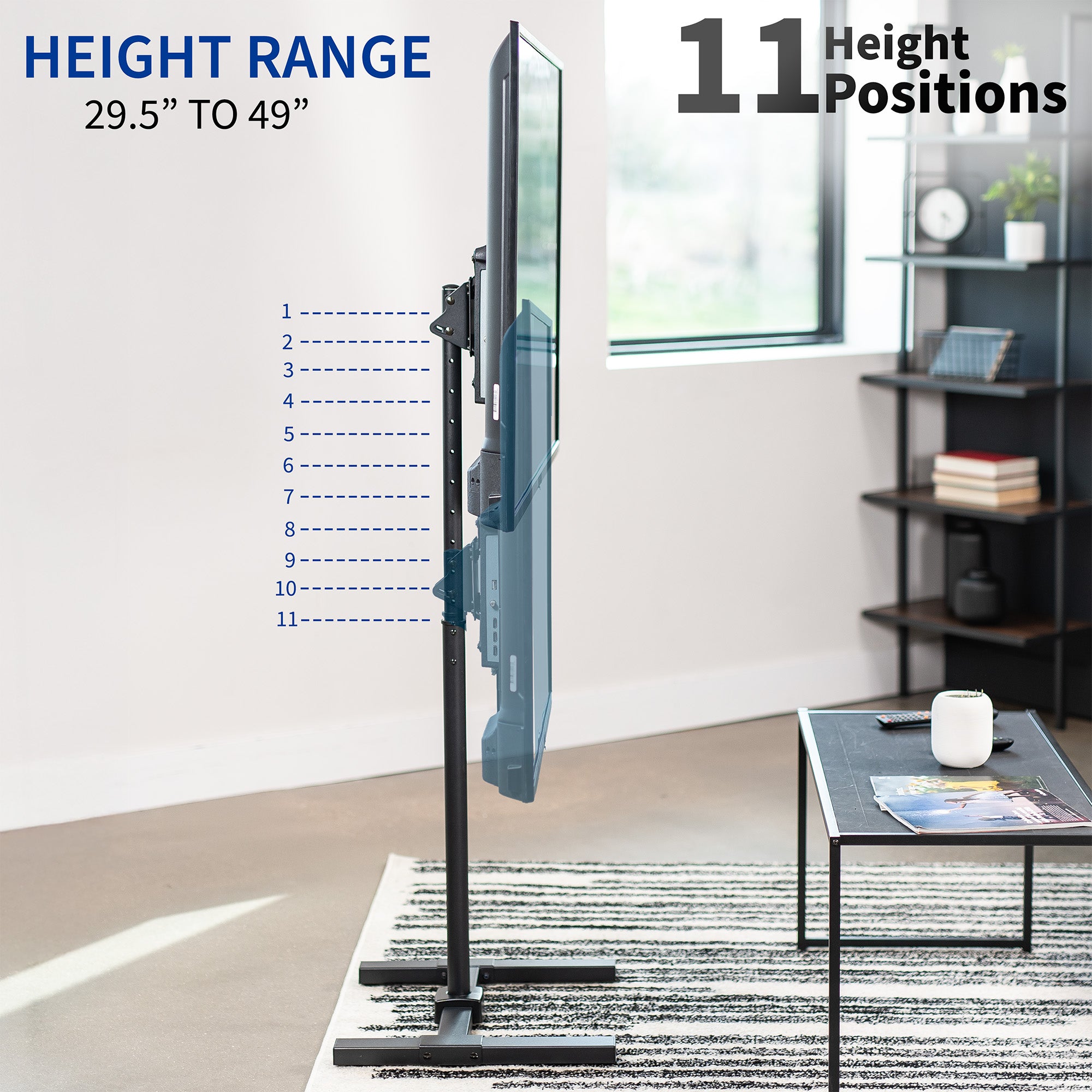 Sturdy height adjustable TV stand with tilt and leveling feet.