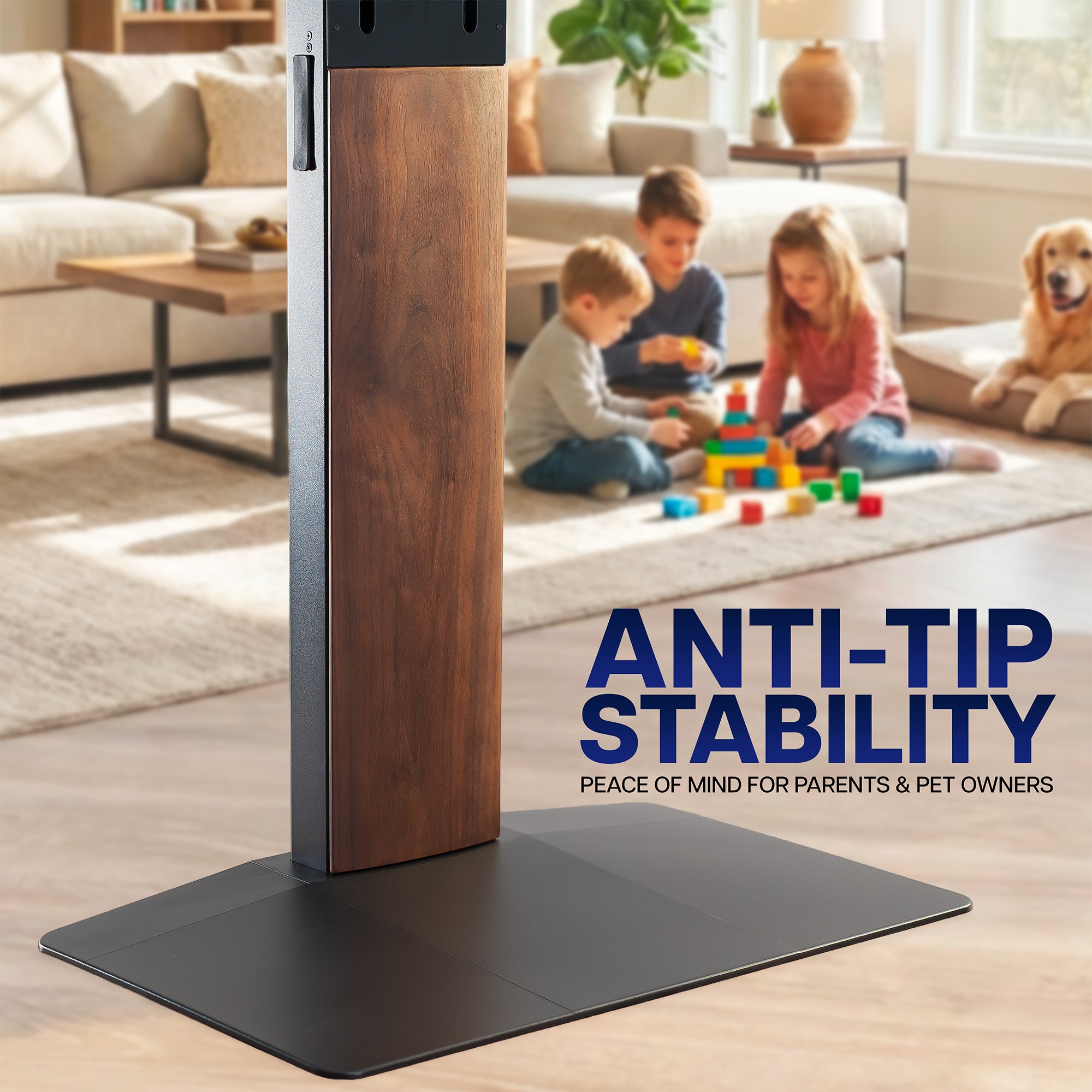 Anti-tip stability product with children playing in a living room