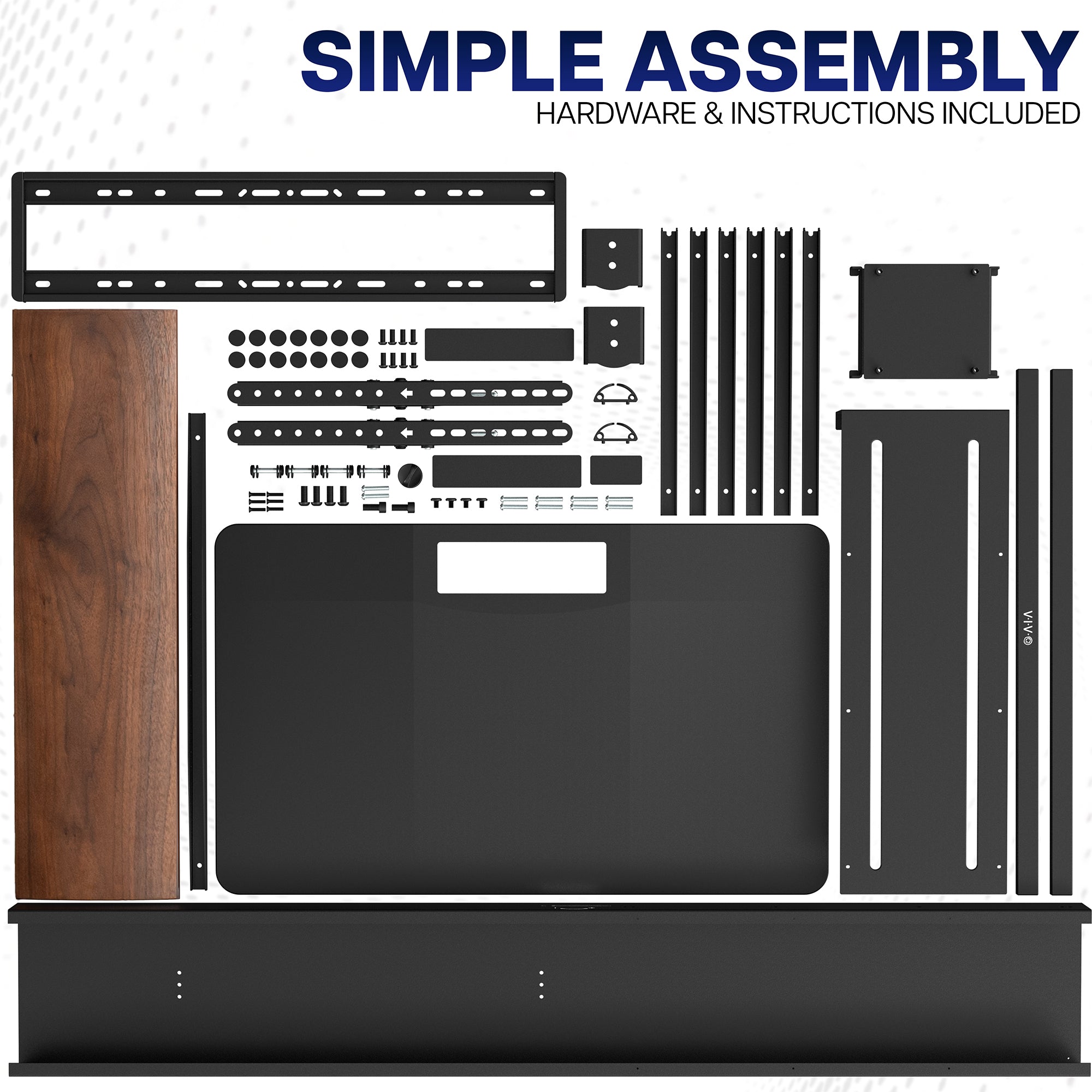 Product assembly kit with hardware and instructions on a white background