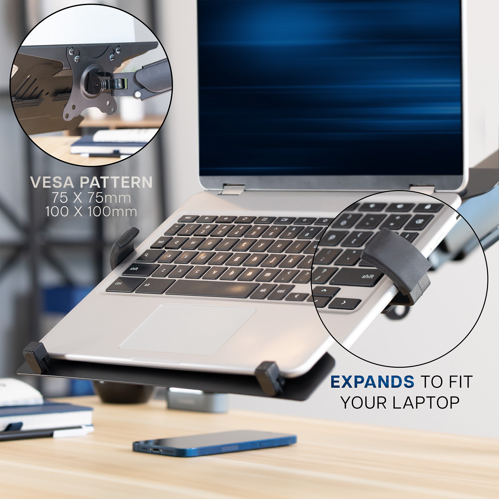 Laptop mount on a desk with close-up details and text about VESA pattern and expandability to fit various sizes of laptops.