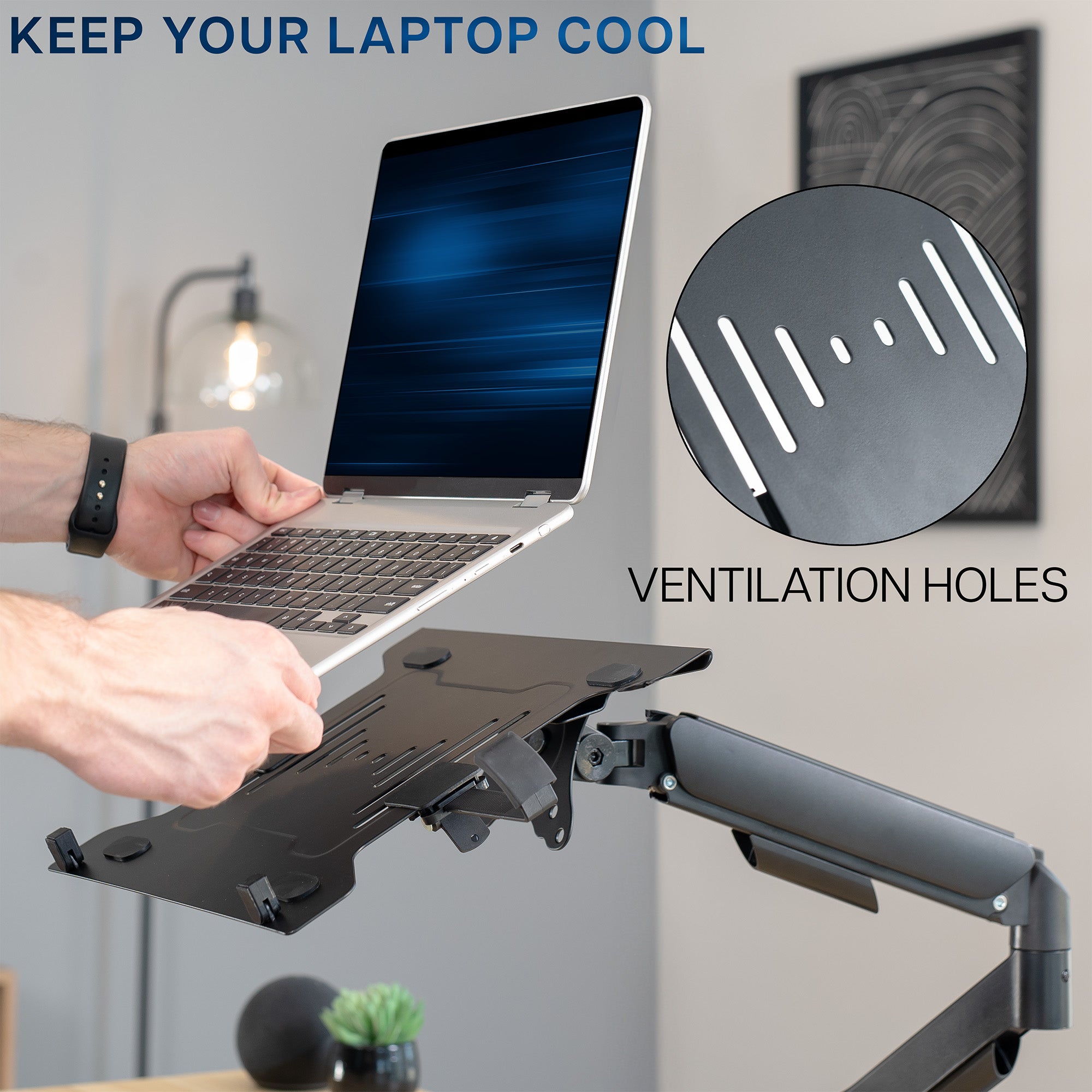 Mechanical Arm Single Laptop Desk Mount with ventilation holes being used to help keep laptop cool, with text 'Keep Your Laptop Cool' and 'Ventilation Holes'.