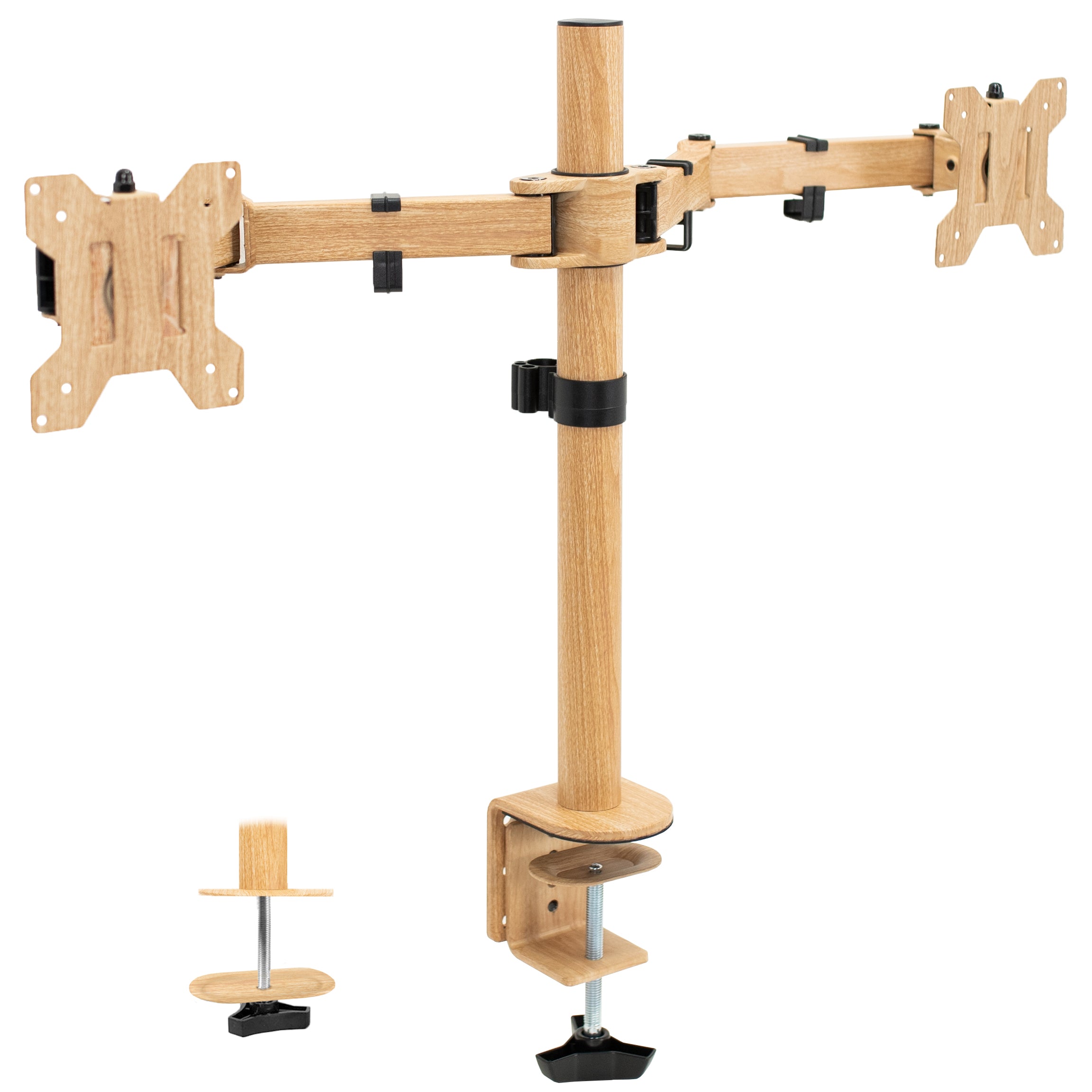 Sturdy adjustable dual monitor ergonomic desk mount for office workstation.