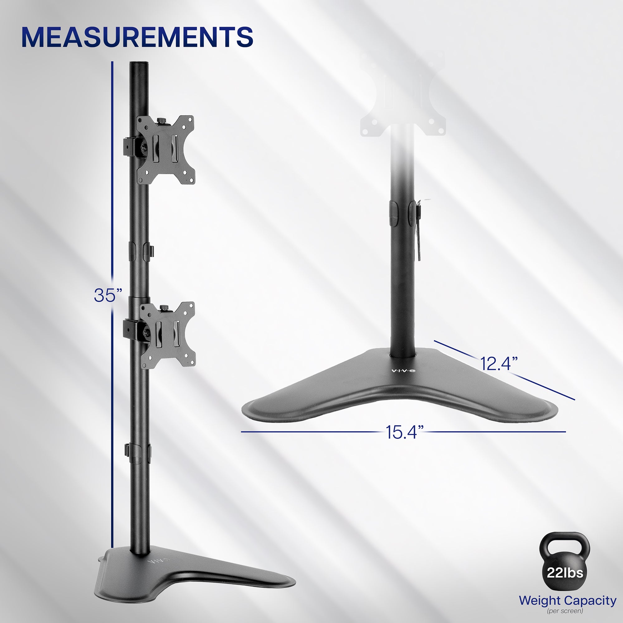 Black adjustable monitor stand with measurements on a light gray background