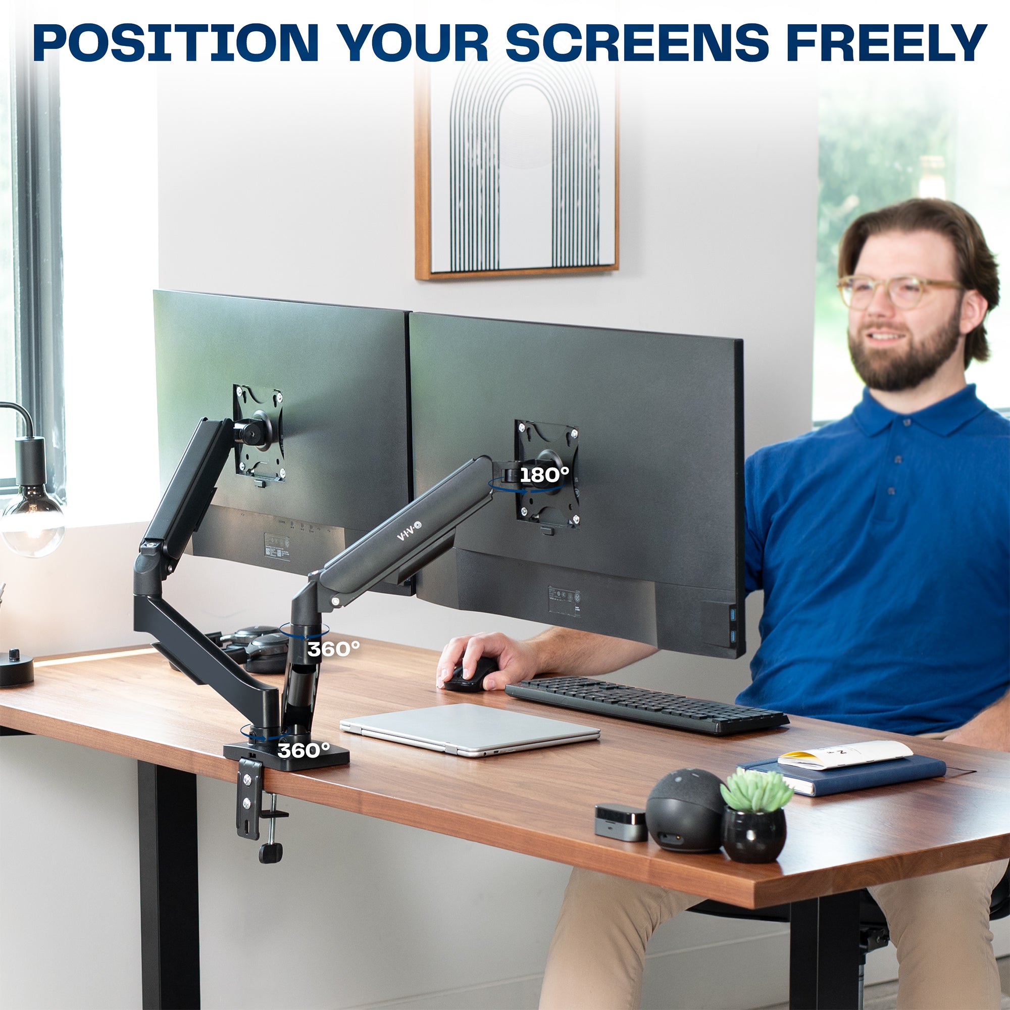Sturdy adjustable mechanical arm dual monitor ergonomic desk stand for office workstation.