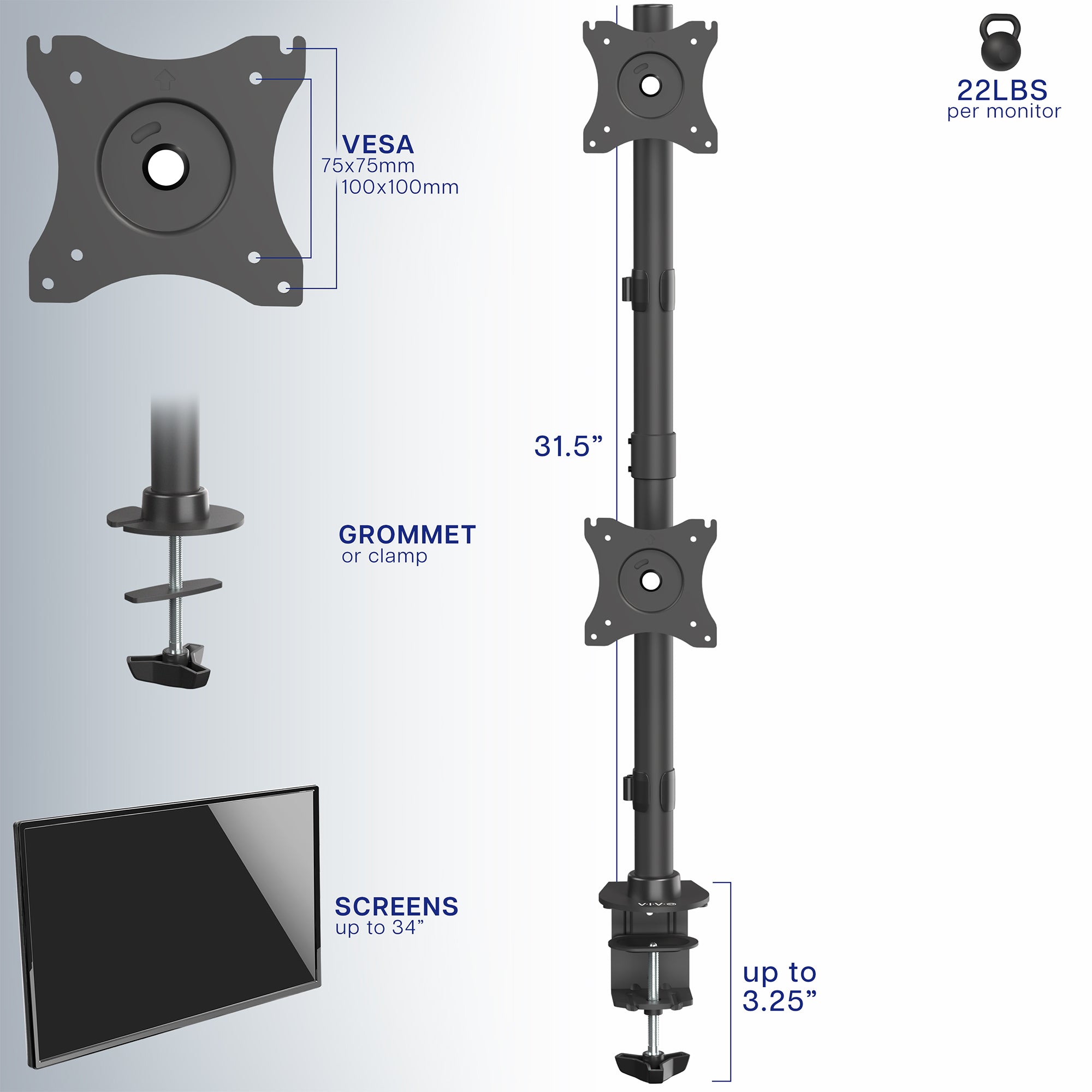 Measurements for vertical dual monitor mount.