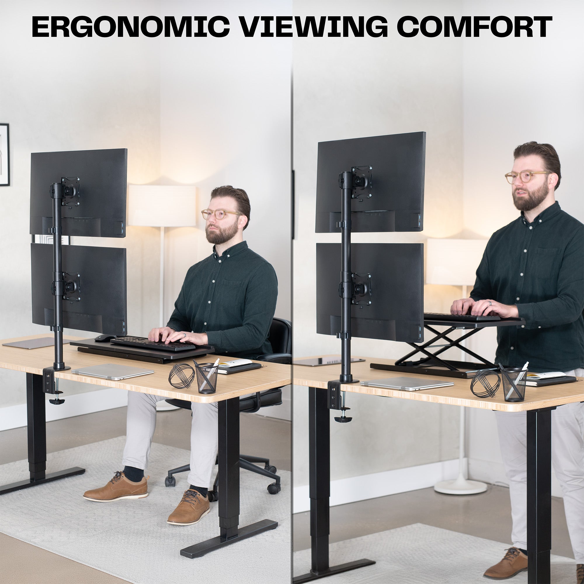 Model going from sit to stand at desk using vertical dual monitor mount.